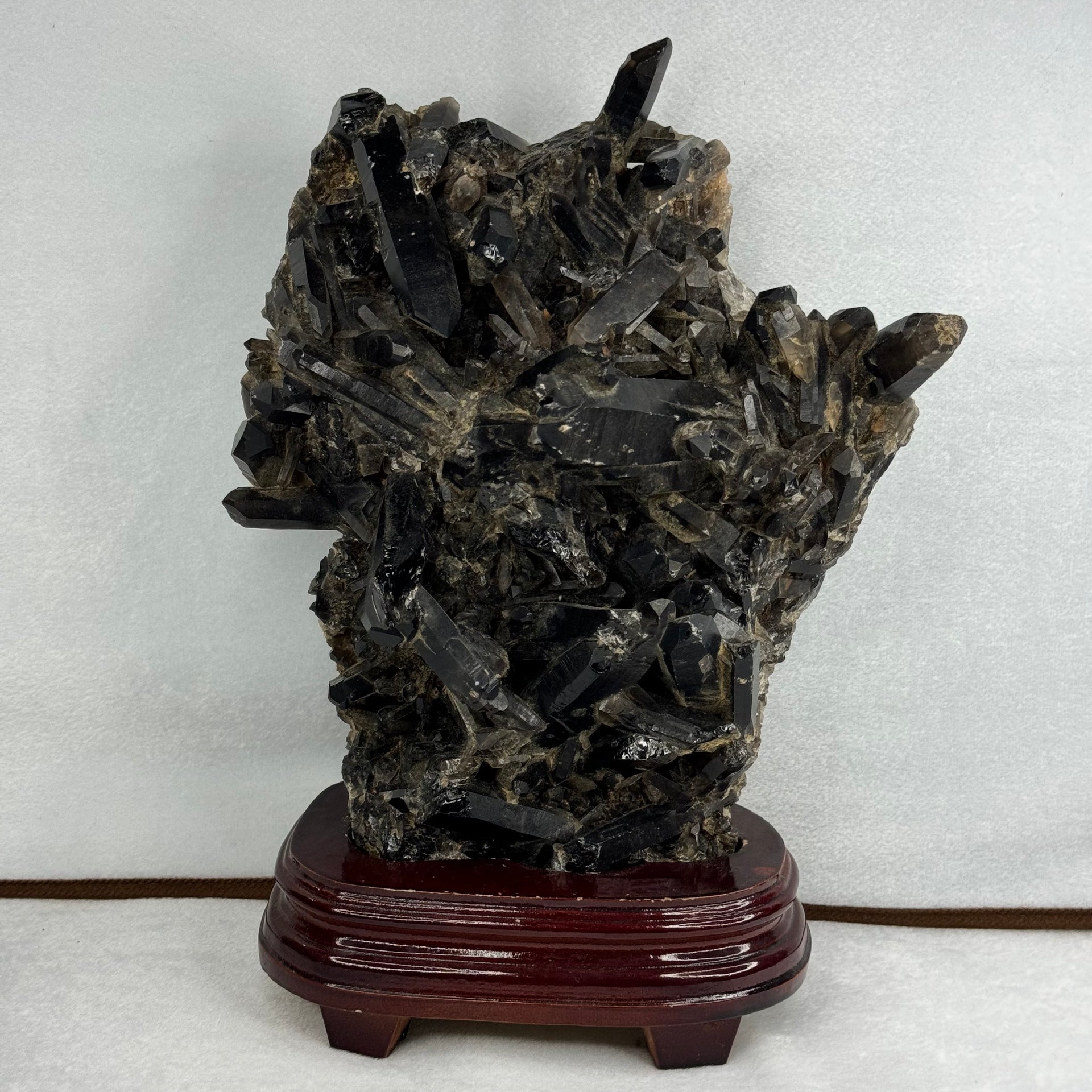 Natural Raw Smoky Quartz Rough Display in Wooden Stand 4,075.9g 180.0 by 127.0 by Height 310.0mm - Huangs Jadeite and Jewelry Pte Ltd