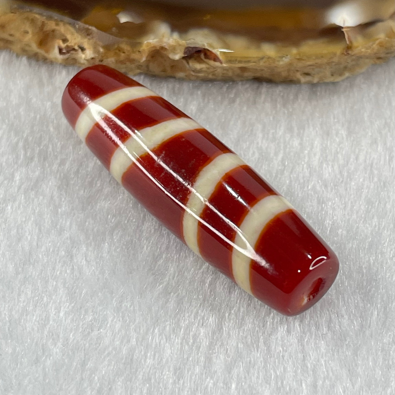 Natural Powerful Tibetan Old Oily Red White Agate 4 Lines Bead Heavenly Master (Tian Zhu) 8.37g 39.1 by 11.9mm - Huangs Jadeite and Jewelry Pte Ltd