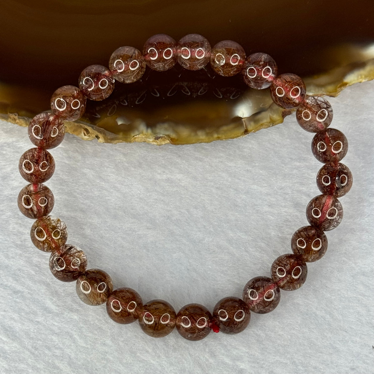 Natural Copper Rutilated Quartz Beads Bracelet 天然銅髮晶手镯 16.01g 16cm 7.9mm 25 Beads - Huangs Jadeite and Jewelry Pte Ltd