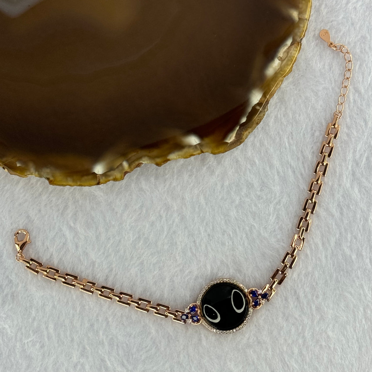 Type A Translucent Black Omphasite Jadeite Round Wu Shi Pai with Crystals in S925 Sliver Rose Gold Color Bracelet 8.58g 15.7 by 3.0mm - Huangs Jadeite and Jewelry Pte Ltd