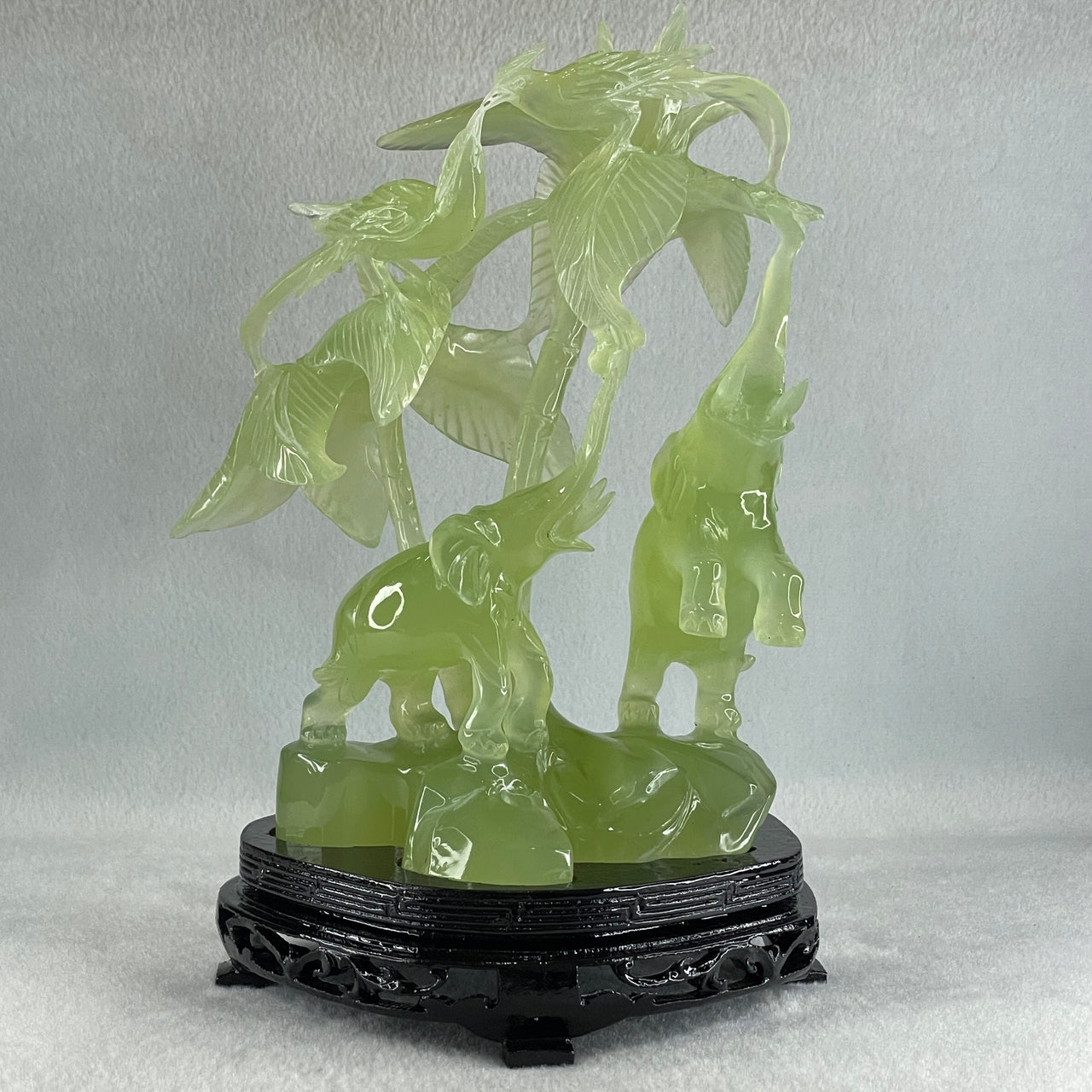 Natural Green Serpentine Double Elephants with Twin Phoenix on Coconut Tree with Wooden Stand Display 959.1g L161.0 by B114.0 by H238.0mm