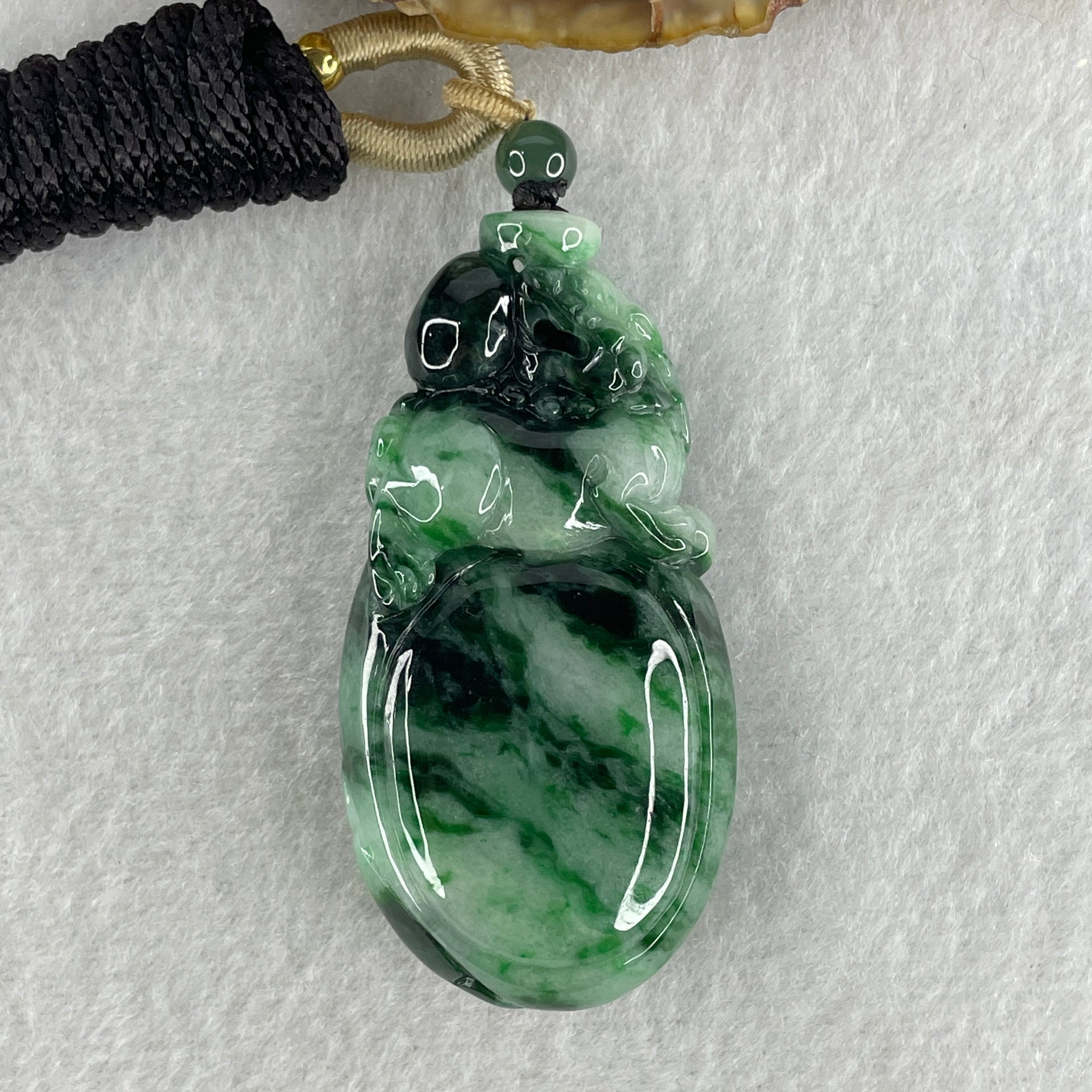 Certified Natural Type A Light Green with Dark Green and Old Mine Spicy Green Pattern Jadeite Pixiu on Money Bag Pendant 46.46g 57.2 by 29.1 by 14.1mm - Huangs Jadeite and Jewelry Pte Ltd