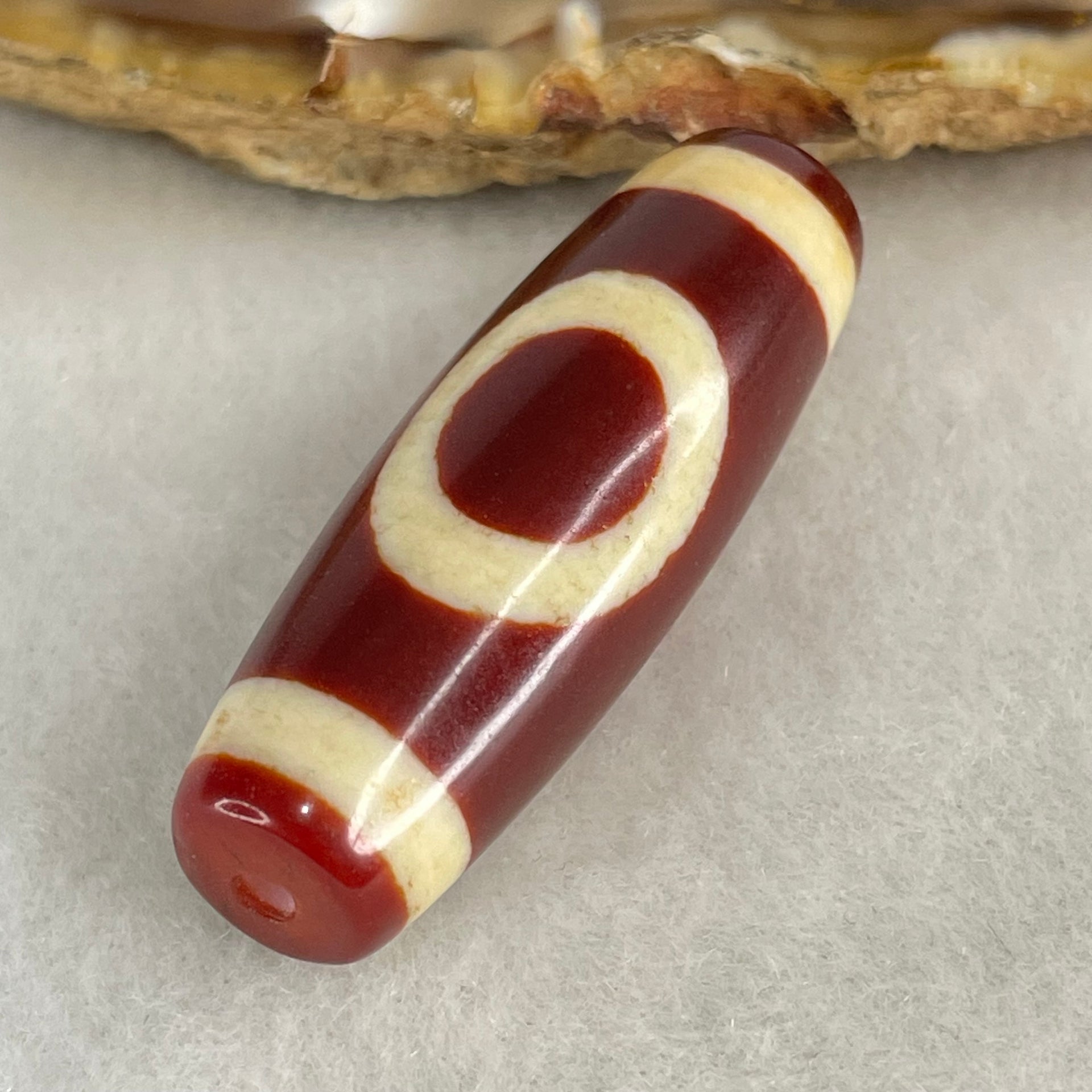Natural Powerful Tibetan Old Oily Red White Agate One Eye Wood Element Dzi Bead Heavenly Master (Tian Zhu) 一眼木元素天珠 9.77g 37.6 by 13.0mm - Huangs Jadeite and Jewelry Pte Ltd