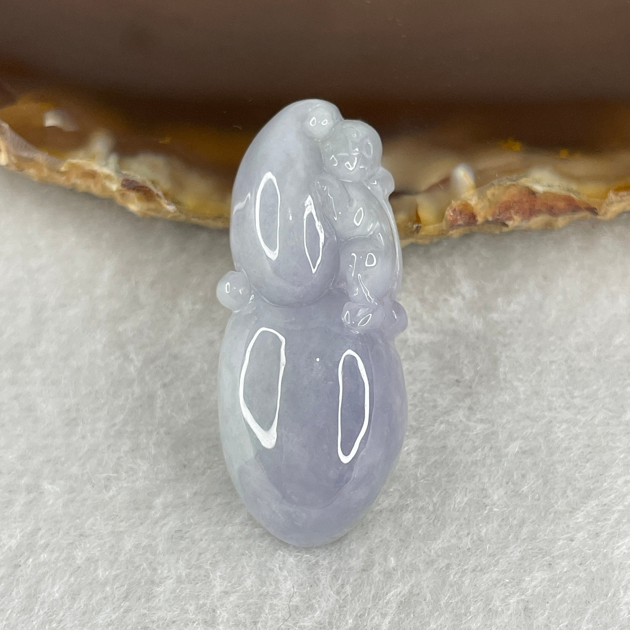 Natural Type A Deep Lavender Jadeite Pendant | 35mm Carved Jade Hulu Gourd with Lucky Monkey Fortune Amulet (10.07g 35.4x15.1x10.6mm)