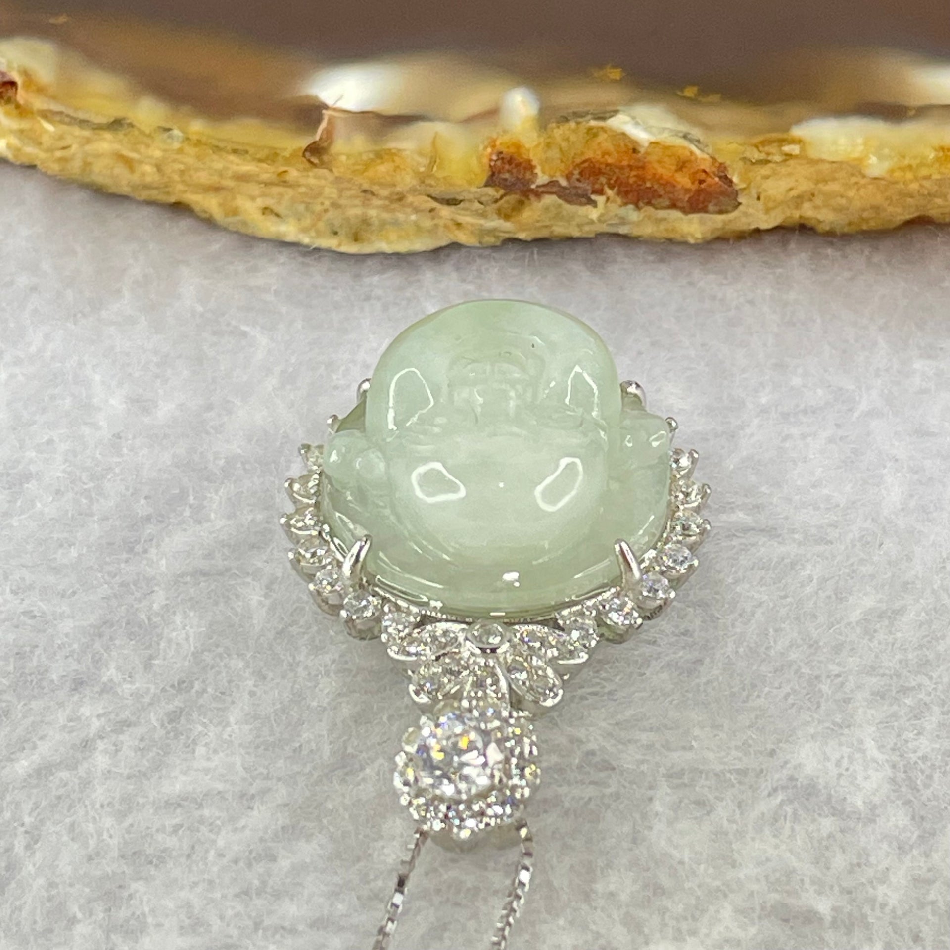 Type A Faint Green Lavender Milo Buddha with Crystals in S925 Sliver Pendant and Necklace 7.16g 16.5 by 16.5 by 9.4mm - Huangs Jadeite and Jewelry Pte Ltd