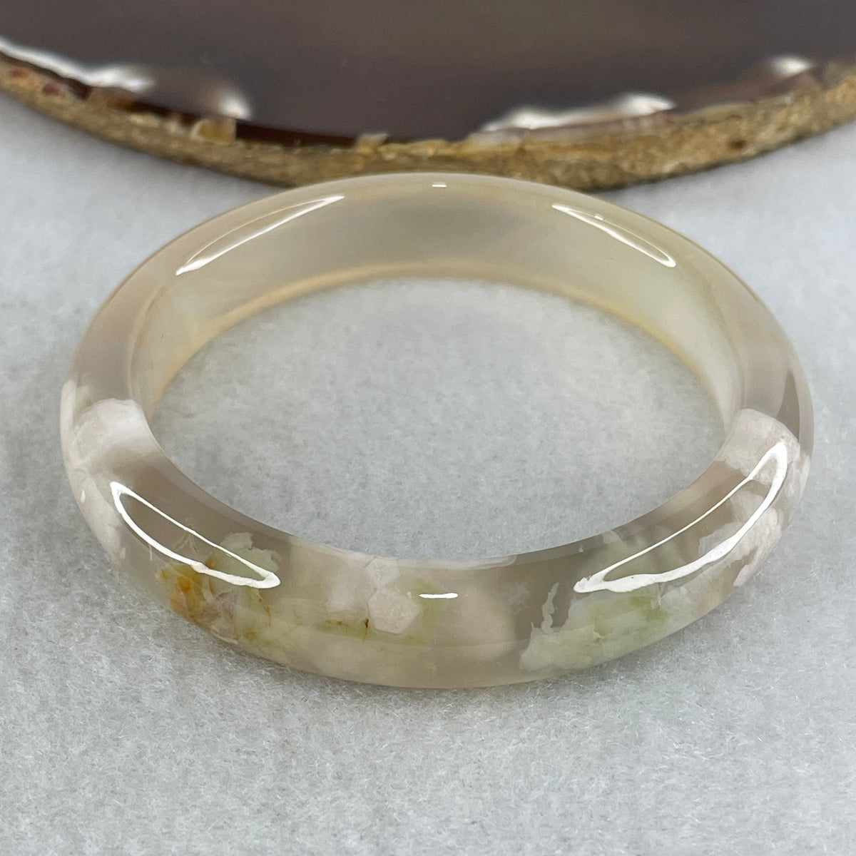 Natural Faint Yellow Flower Agate Set Bangle | (116.34g Total Set Weight | 54.8mm Inner Diameter | 11.7x7.8mm | Perfect | Heart & Solar Plexus Chakra Harmony, Personal Growth, Joy & Protection Shield)