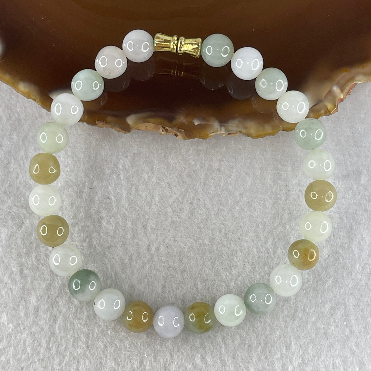 Natural Type A Light Green, Lavender & Yellowish Jadeite Beads Bracelet | 18.0cm | 7.7mm x 26 Beads | Synergy, "Fu Lu Shou" Tri-Color Auspicious Catalyst & Feng Shui Harmony Anchor)