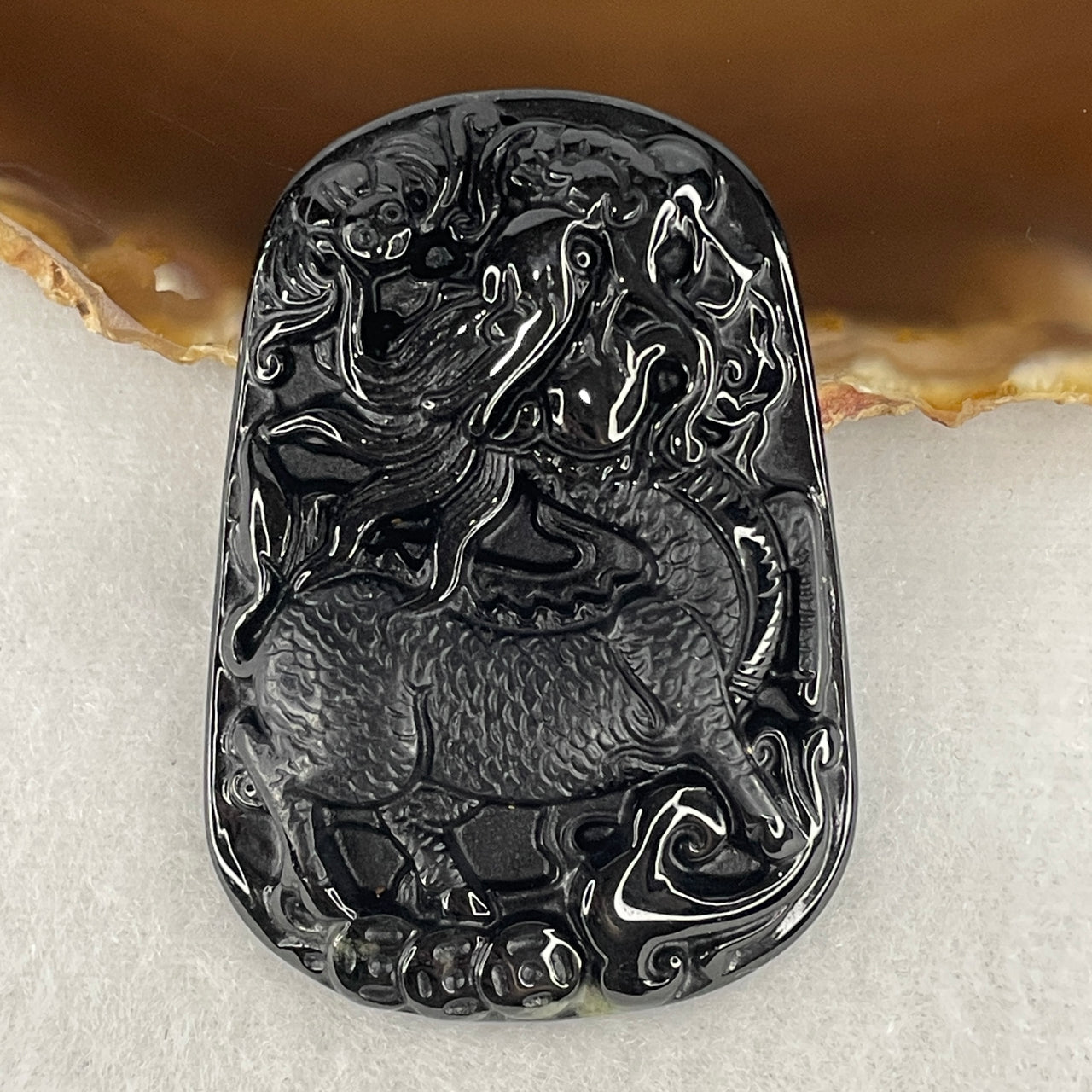Certified Type A Opaque Black Omphacite Jadeite Qilin with Bat, Coins & Ruyi Pendant | Mythical Guardian Wealth & Authority Talisman (20.05g | 53.9 x 37.7 x 7.2mm)