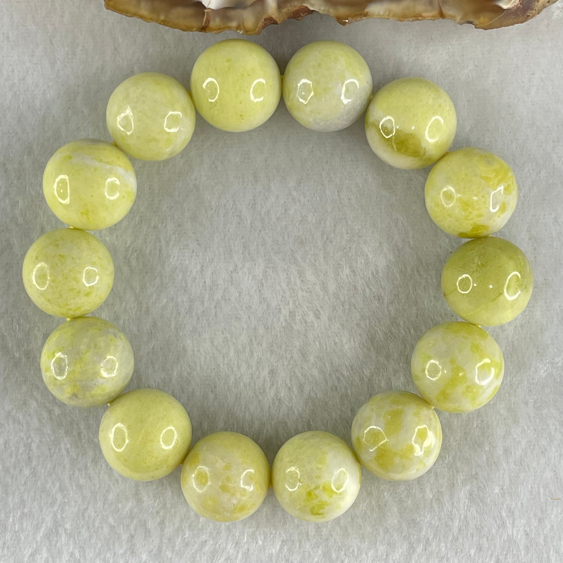 Natural Green Serpentine Jade Beads Bracelet 天然黄山玉手链 54.12g 15cm 14.1mm 14 Beads - Huangs Jadeite and Jewelry Pte Ltd