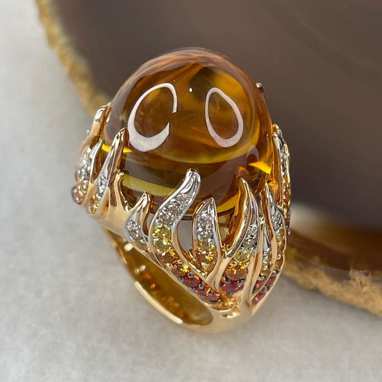 High Jewelry 28.39ct Natural Citrine Crystal, 1.78ct Sapphire, 0.25ct CD & 0.15ct Diamond 18K Gold Cocktail Ring | Statement Solid Gold Gemstone Ring (20.45g | US 6.1 / HK 13.2)