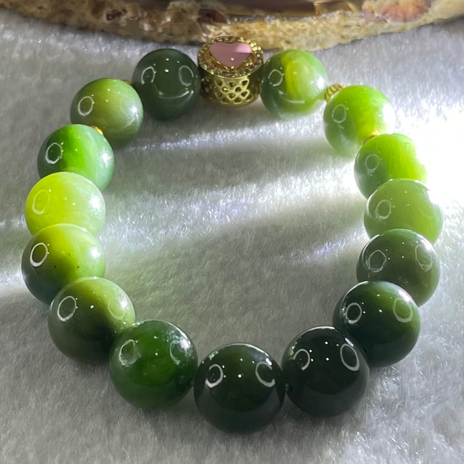 Natural Green Nephrite Beads with Gold Color Charm Bracelet 36.94g 11.4mm 15 Beads - Huangs Jadeite and Jewelry Pte Ltd