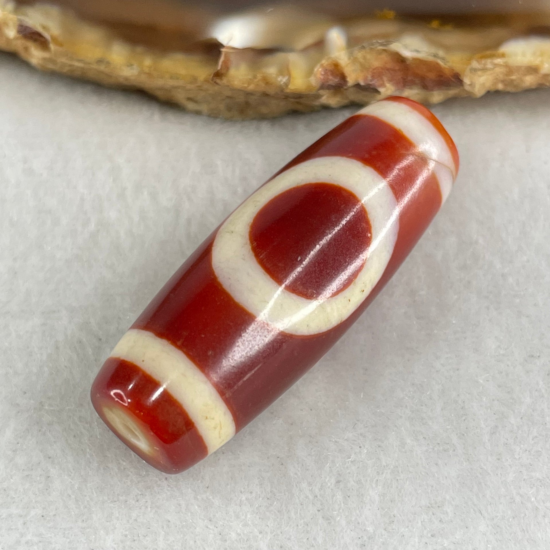 Natural Powerful Tibetan Old Oily Red White Agate One Eye Gold Metal Element Dzi Bead Heavenly Master (Tian Zhu) 一眼金天珠 11.08g 37.3 by 13.5mm - Huangs Jadeite and Jewelry Pte Ltd