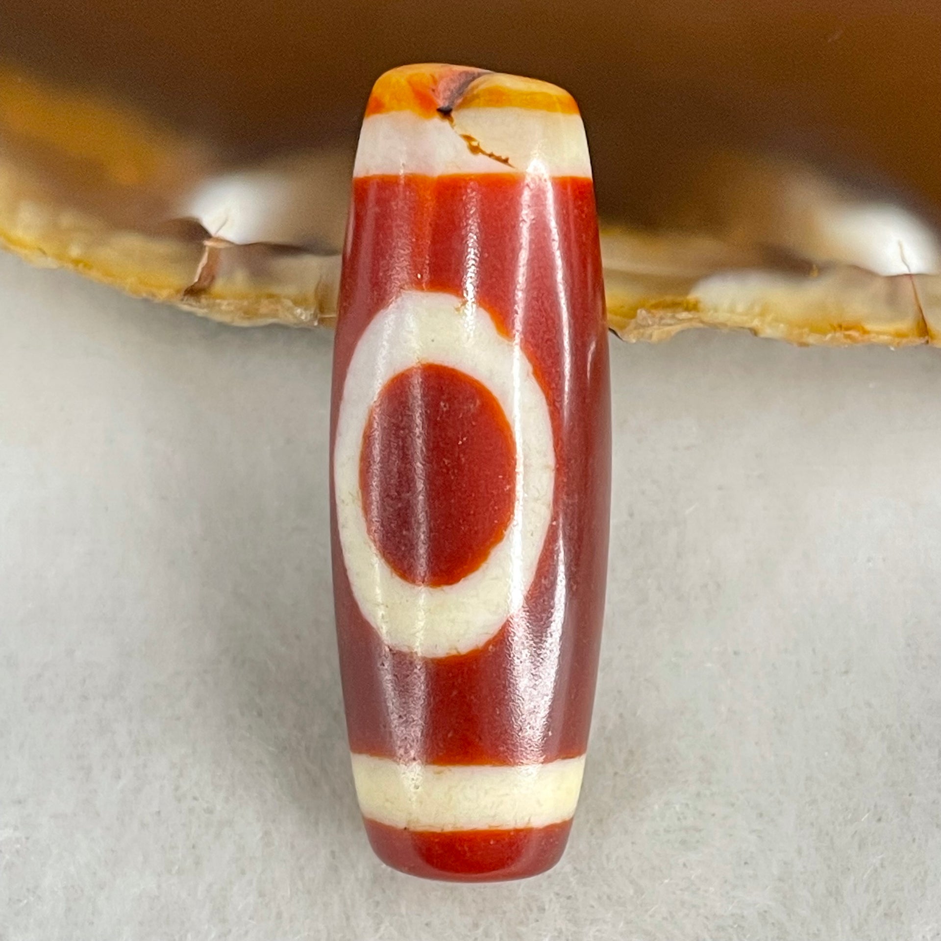 Natural Powerful Tibetan Old Oily Red White Agate One Eye Wood Element Dzi Bead Heavenly Master (Tian Zhu) 一眼木元素天珠 10.52g 38.1 by 13.3mm - Huangs Jadeite and Jewelry Pte Ltd