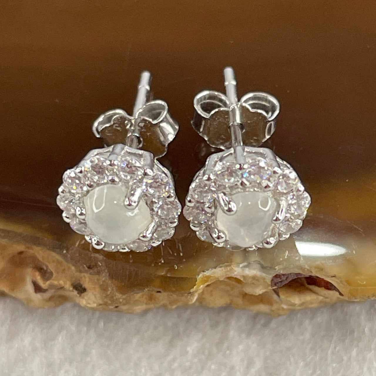 Type A Icy White Jadeite Earring with Cubic Zirconia in S925 Sliver 1.60g 2.5 by 1.5mm