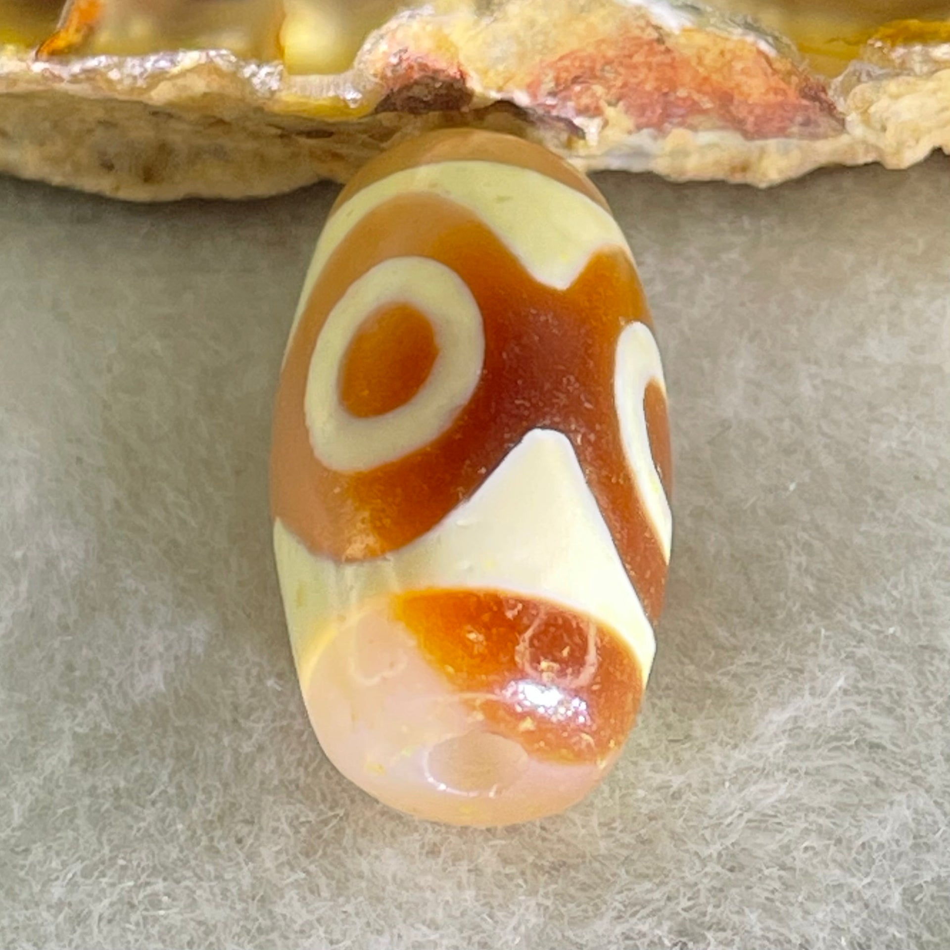 Natural Powerful Tibetan Old Oily Agate 3 Eyes Dzi Bead Heavenly Master (Tian Zhu) 三眼天诛 3.36g 19.9 by 10.6mm - Huangs Jadeite and Jewelry Pte Ltd