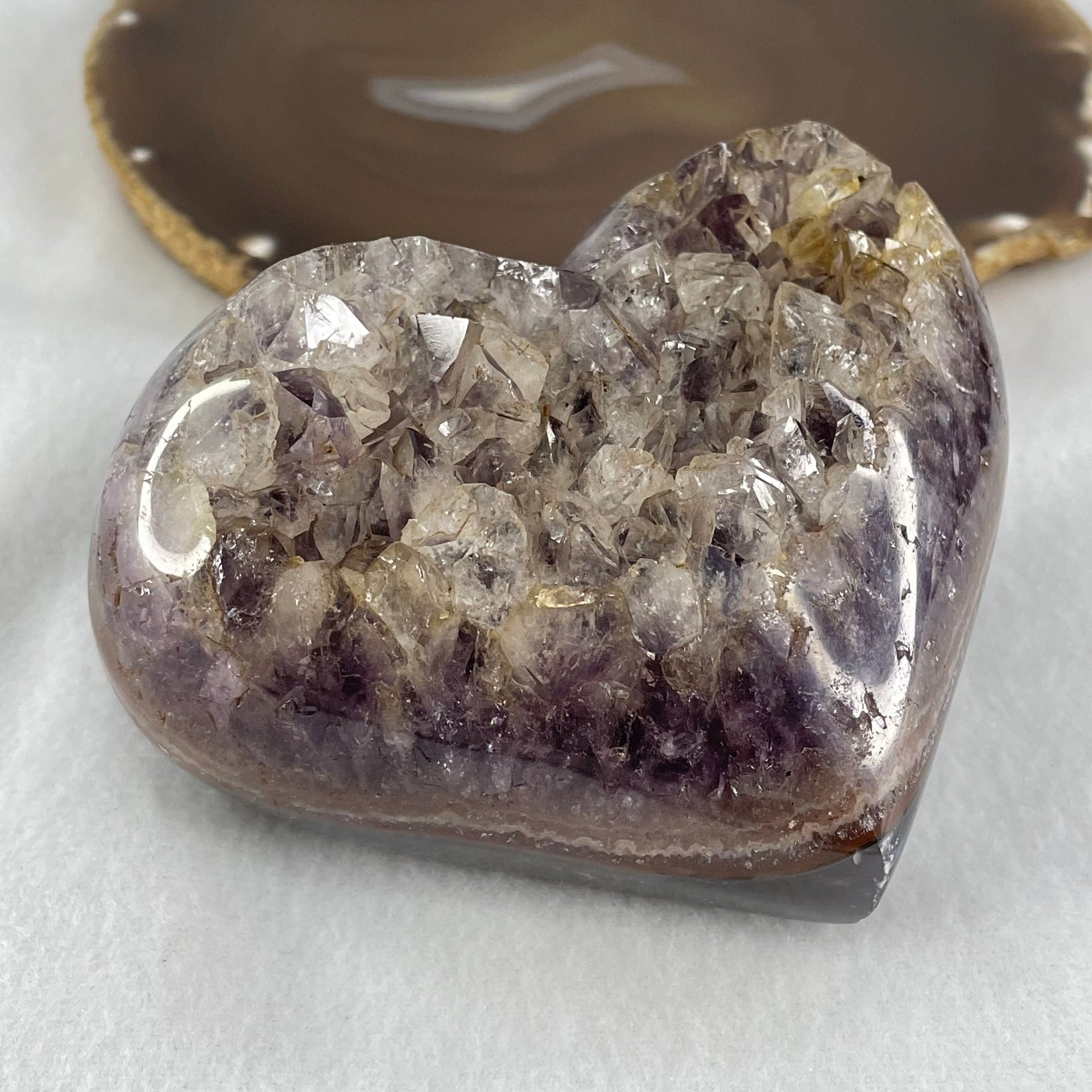 Natural Amethyst with White Milky Quartz Heart with Wooden Stand 744.9g 113.2 by 88.5 by 101.5mm - Huangs Jadeite and Jewelry Pte Ltd