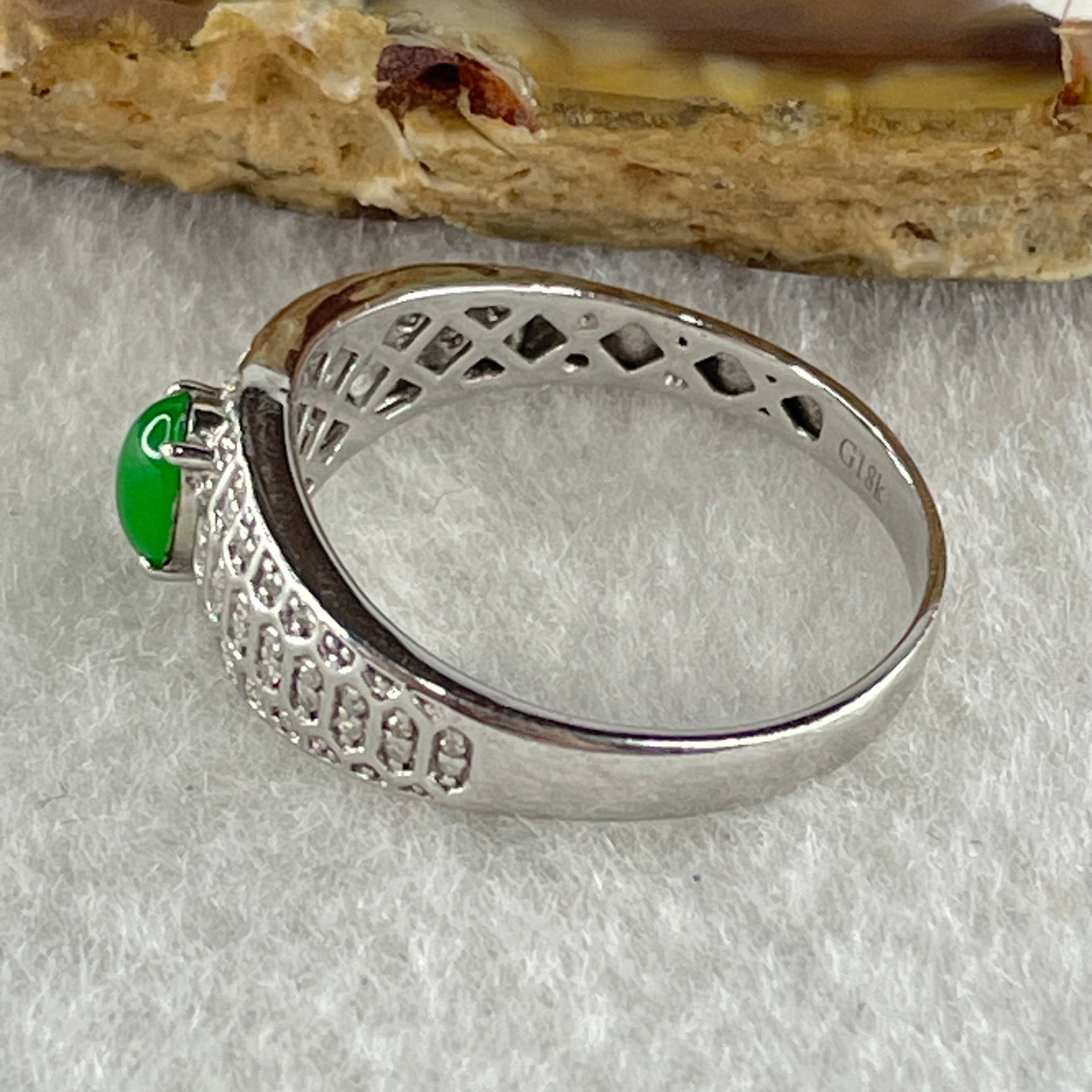 Type A Natural Light Apple Green Jadeite on 18K White Gold and Diamond Ring 2.73g 5.1 by 3.6 by 2.5mm US 7.4 HK 16.4 - Huangs Jadeite and Jewelry Pte Ltd