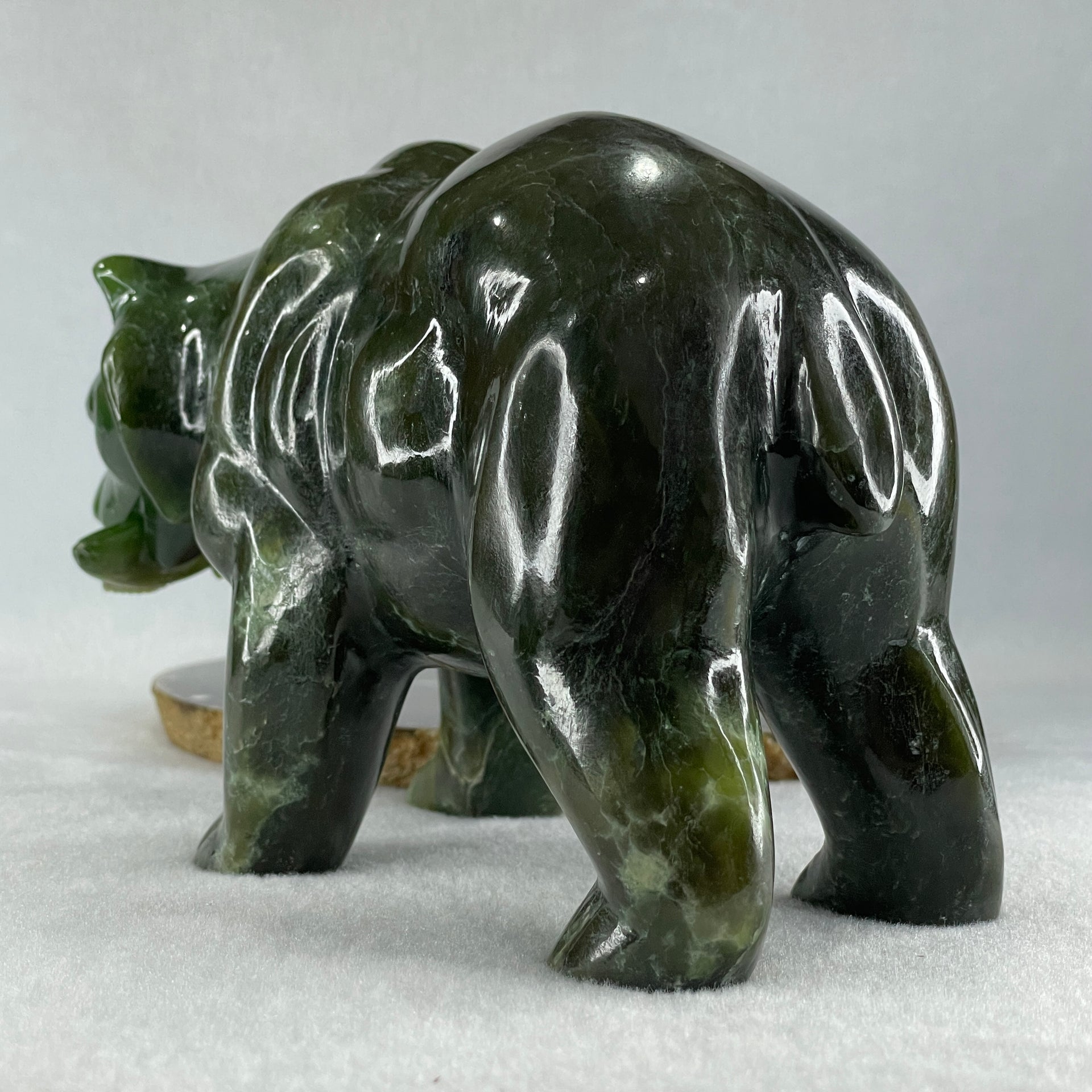 Natural Dark Green Serpentine Bear eating Fish Display 1,800.0g 180.5 by 82.0 by 107.0mm - Huangs Jadeite and Jewelry Pte Ltd