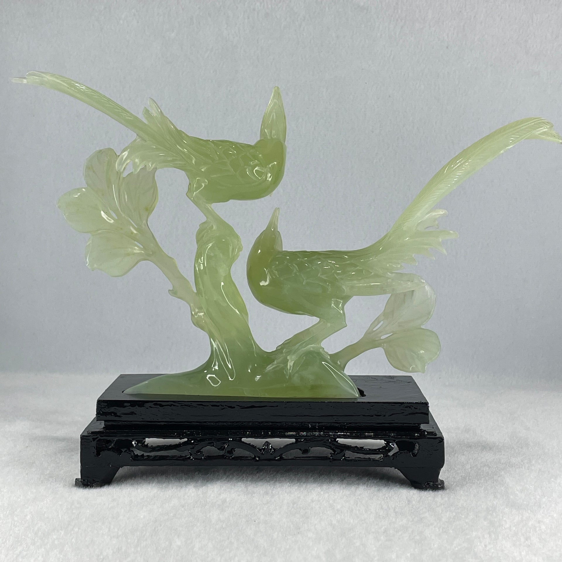 Natural Green Serpentine Double Phoenix with Wooden Stand Display 411.1g 25.0 by 70.0 by 170.0mm - Huangs Jadeite and Jewelry Pte Ltd