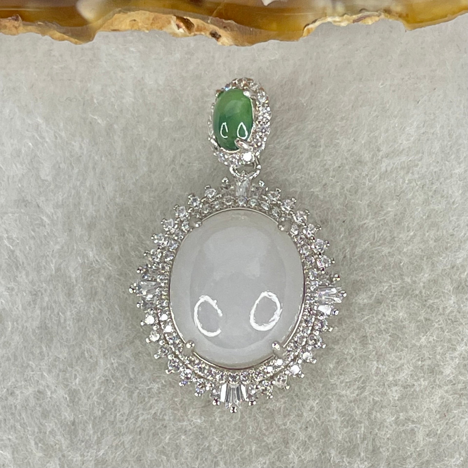 Type A Lavender and Old Mine Spicy Green Cabochon Jadeite in S925 Sliver with Crystal Charm 4.85g 14.2 by 12.2 by 7.0mm - Huangs Jadeite and Jewelry Pte Ltd