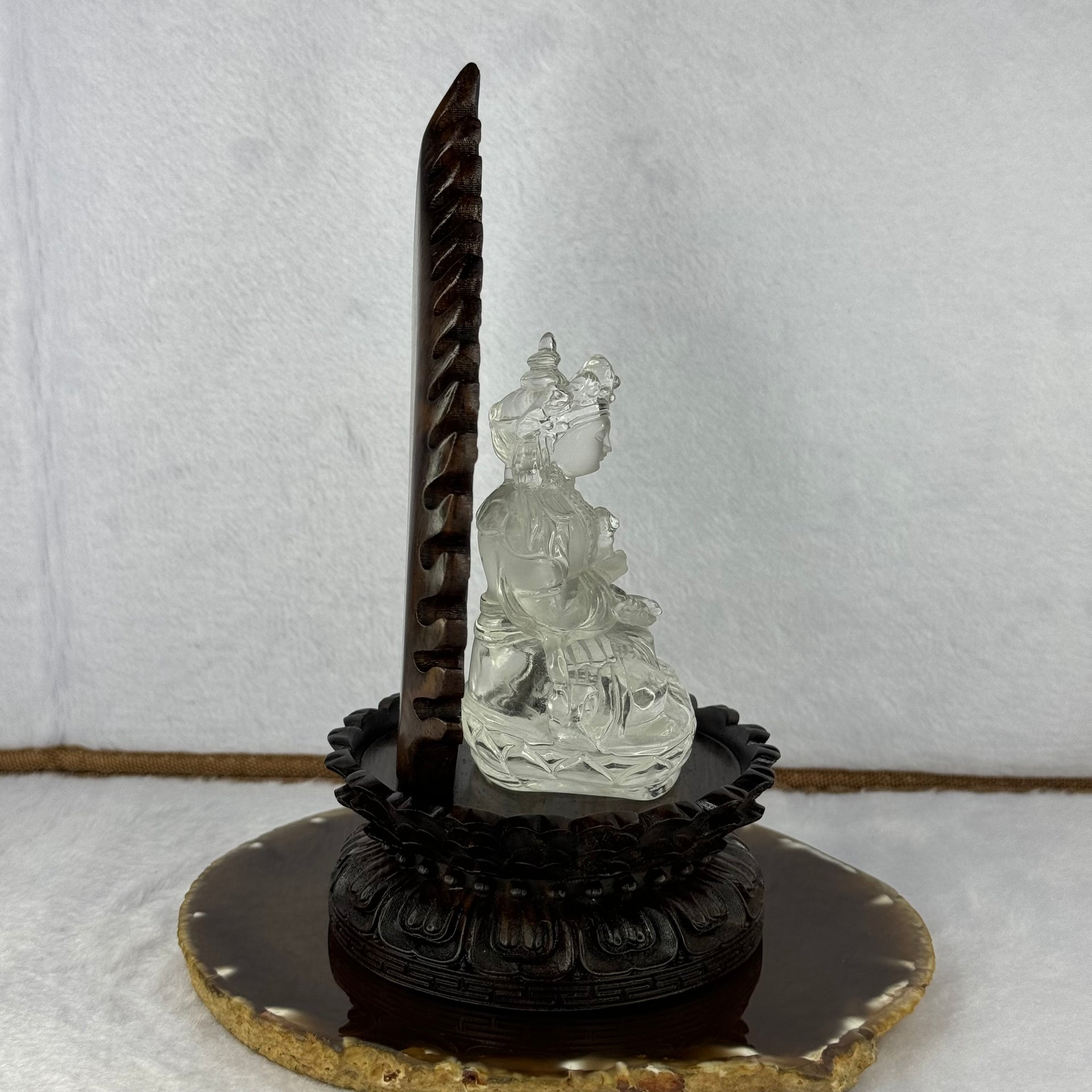 High Quality Natural Clear Quartz Vajrasattva With High Grade Wooden Stand Display 白水晶金刚撒埵和木脚摆件 526.66g 180.0 by 96.mm - Huangs Jadeite and Jewelry Pte Ltd
