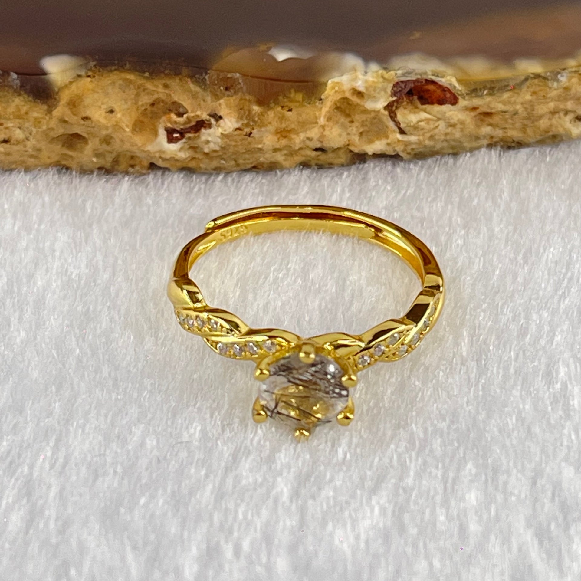 Natural Quartz with Black Tourmaline and Cubic Zirconia in S925 Sliver Gold Color Ring (Adjustable Size) 1.63g 5.7 by 3.8mm - Huangs Jadeite and Jewelry Pte Ltd