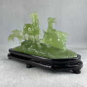 Natural Green Serpentine 3 Goat on Grassland with Wooden Stand Display 913.3g 215.0  by 102.2 by 130.0mm - Huangs Jadeite and Jewelry Pte Ltd