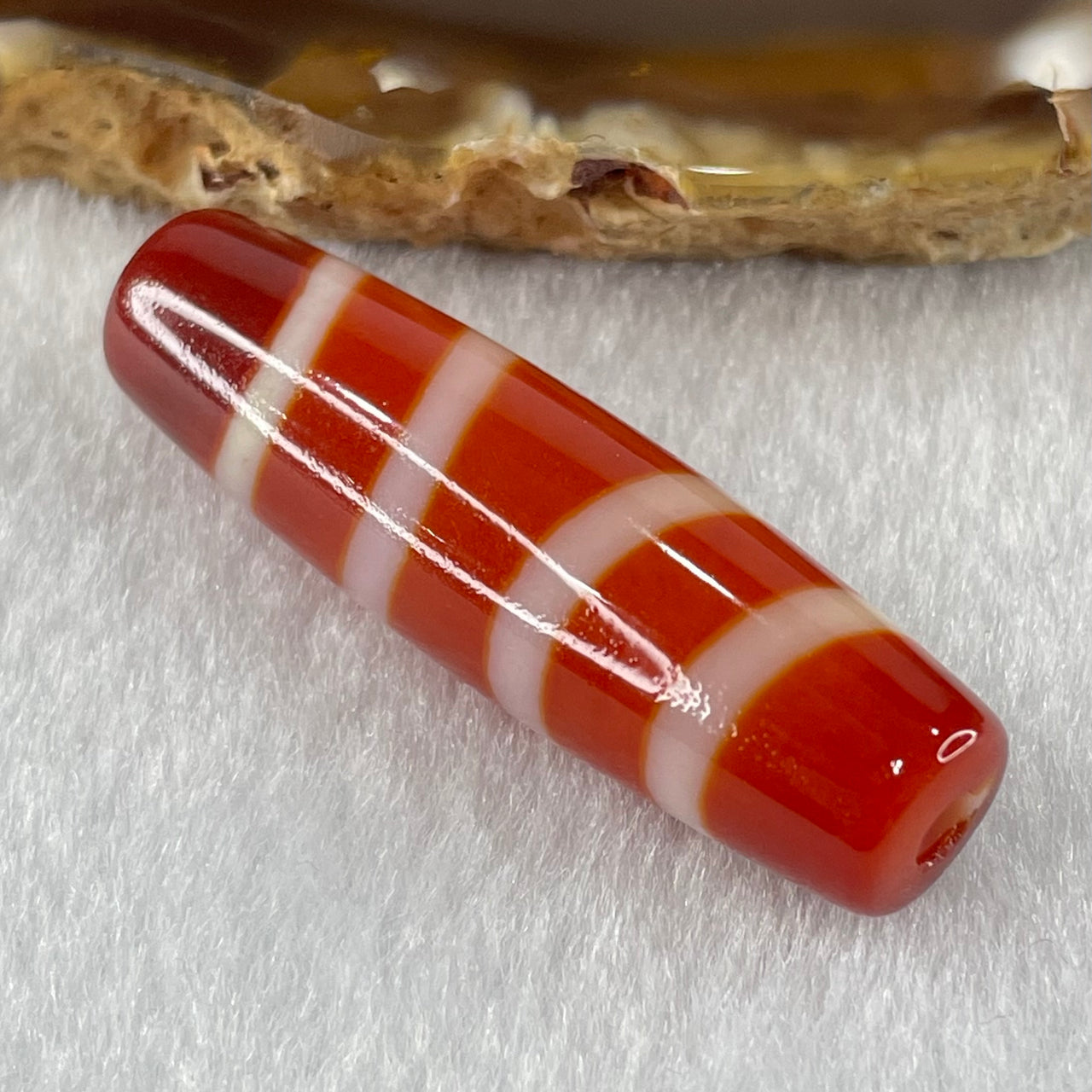 Natural Powerful Tibetan Old Oily Red White Agate 4 Lines Bead Heavenly Master (Tian Zhu) 8.32g 40.3 by 11.6mm - Huangs Jadeite and Jewelry Pte Ltd
