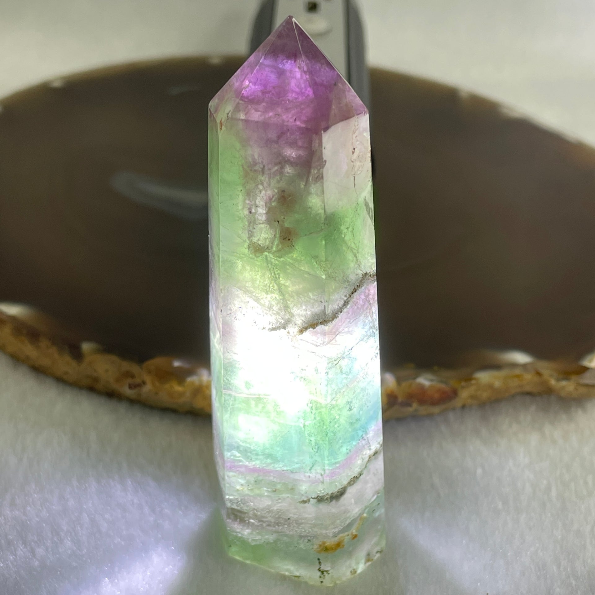 Natural Green and Purple Fluorite Quartz Tower Display 86.18g 81.2 by b27.3. by 22.1mm - Huangs Jadeite and Jewelry Pte Ltd