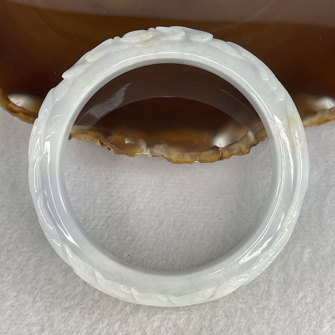 Natural Type A Translucent Multicolor Jadeite Carved Bangle | 58.2mm Faint Blueish-Green & Light Lavender with Golden Yellow Patches | Internal Lines "Phoenix & Flower" Round Wrist Heirloom (61.82g 12.3x9.7mm)