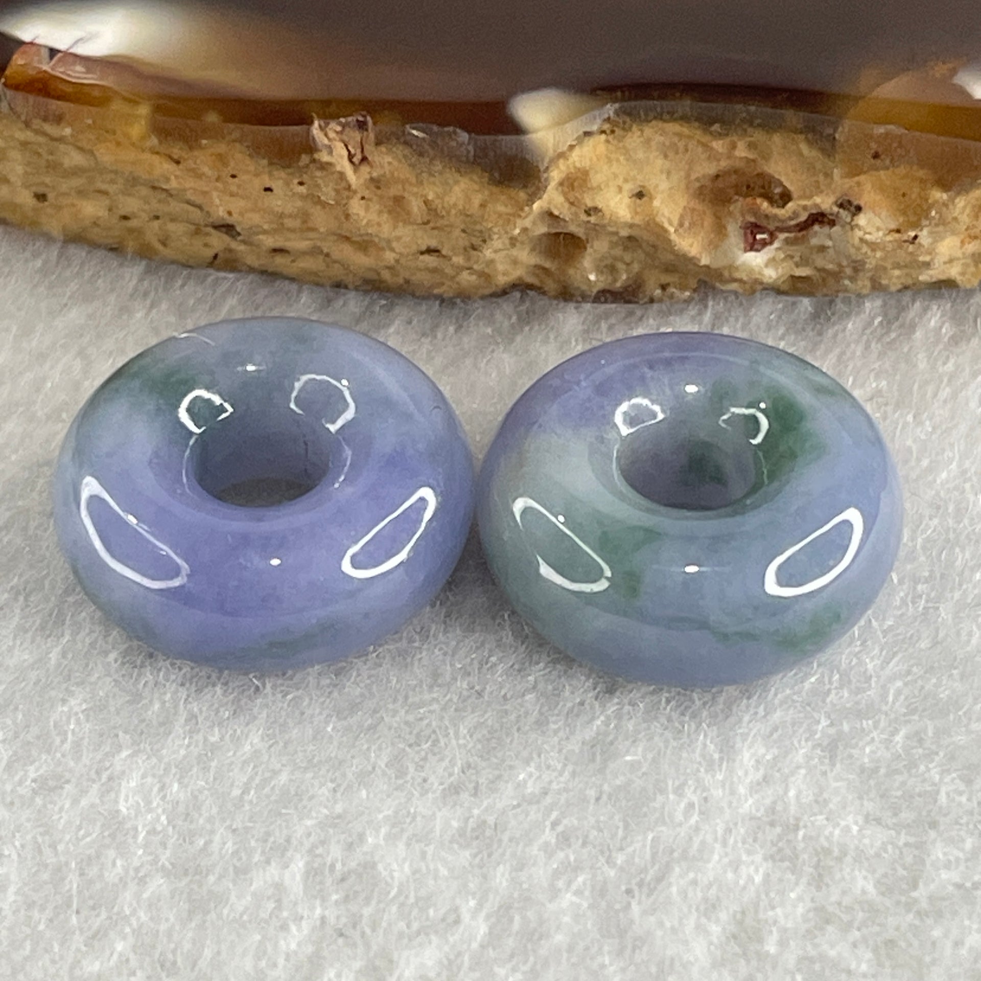 Natural Type A Intense Lavender with Green Piao Hua Jadeite Donut Pair for Setting 5.57g 15.2 by 6.2mm - Huangs Jadeite and Jewelry Pte Ltd