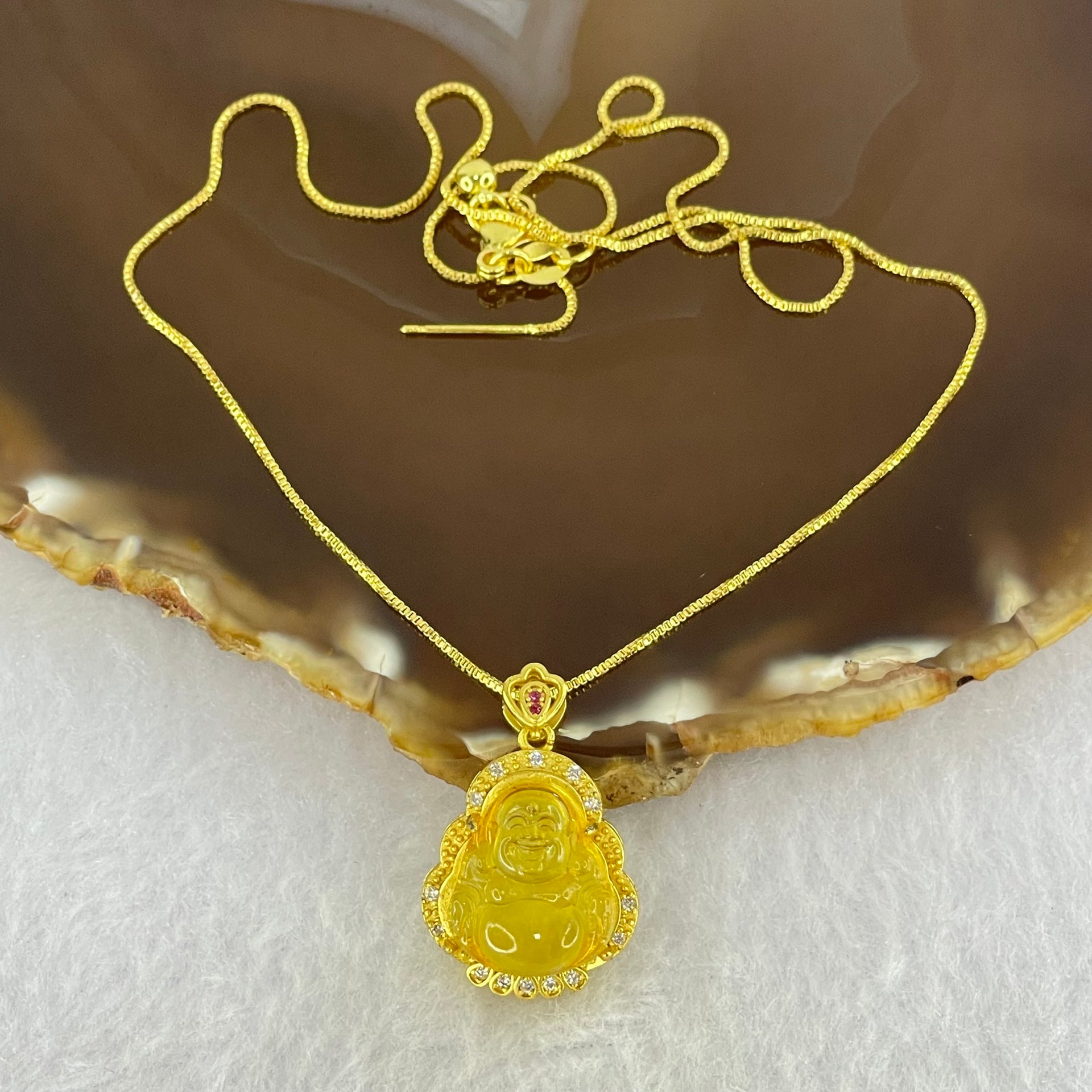 Natural Yellow Amber Milo Buddha Pendent in Gold Color Silver Necklace 4.44g 15.7 by 14.3 by 5.0mm - Huangs Jadeite and Jewelry Pte Ltd
