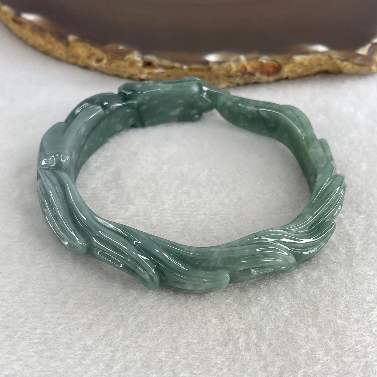 Natural Type A Blueish-Green Jadeite Carved Bangle | 57.9mm Mystical "Nine-Tailed Fox" | Hand-Sculpted Premium "Fei Cui" Round Wrist Heirloom 41.28g 12.3x8..5mm (Internal Lines)