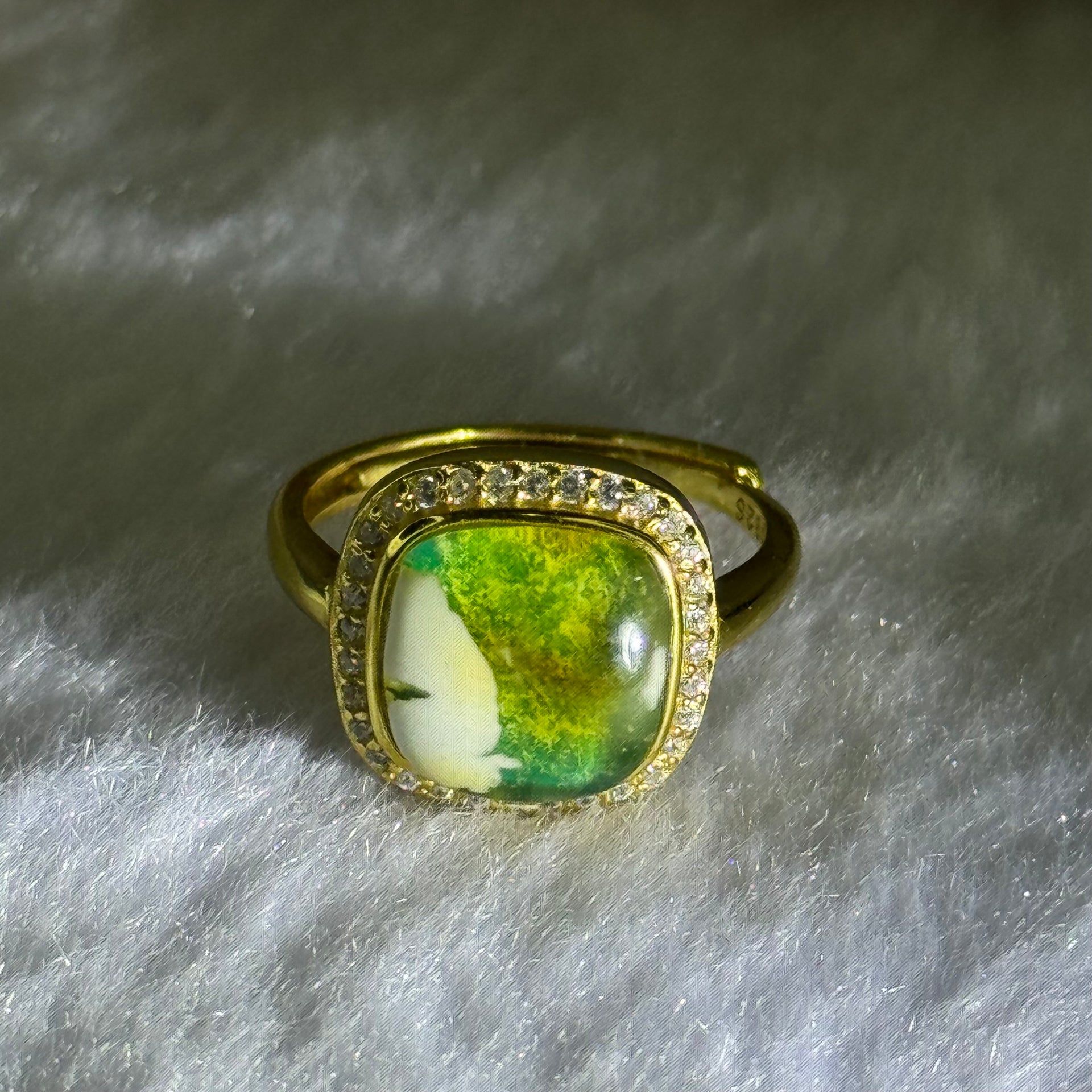 Natural Green Amber with Milk Inclusions in S925 Sliver Gold Color Ring (Adjustable Size) 2.26g 8.9 by by 2.5mm - Huangs Jadeite and Jewelry Pte Ltd