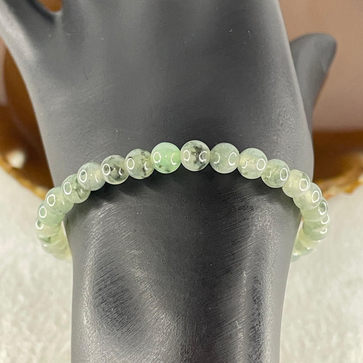 Natural Type A Semi Icy Light Green & Wuji Piao Hua Jadeite Beads Bracelet |(10.15g | 15.5cm | 5.8mm x 32 Beads | Heart, Root & Throat Chakra Synergy, "Wuji" Spatial Shield & Feng Shui Serenity Anchor) - Huangs Jadeite and Jewelry Pte Ltd