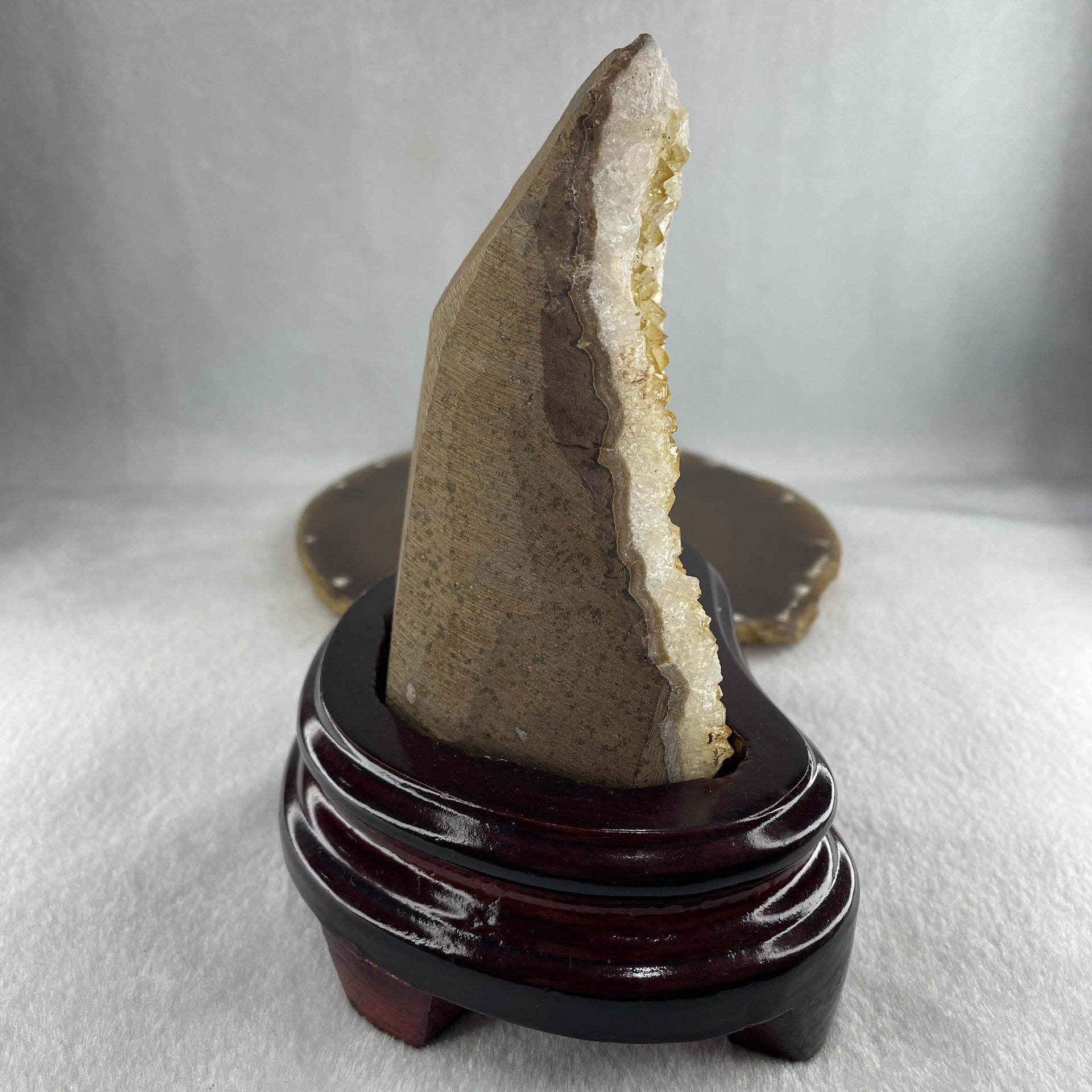 Natural Citrine Rough Irregular Shaped Display with Wooden Stand 719.31g 125.5 by 97.0 by 152.5mm - Huangs Jadeite and Jewelry Pte Ltd