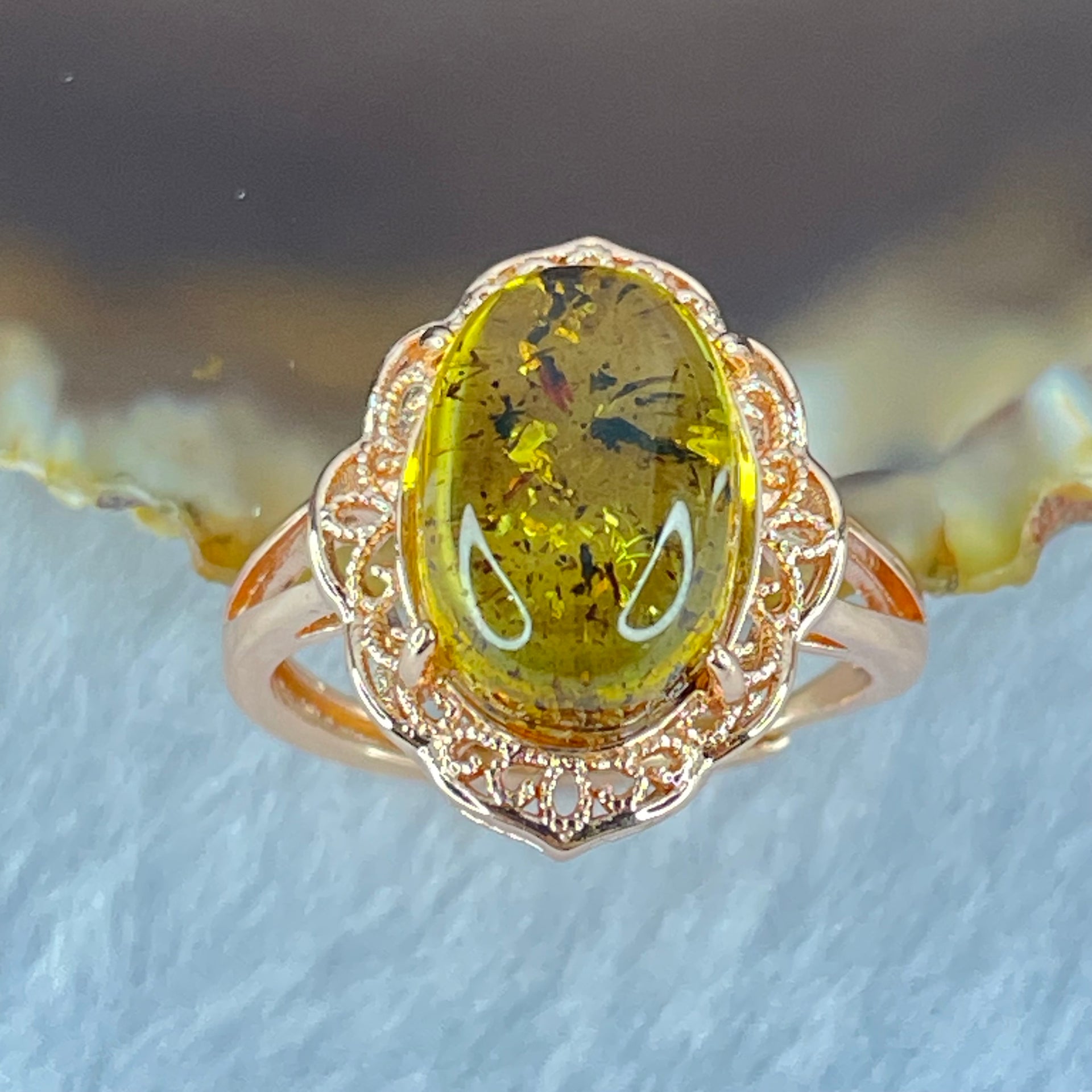 Natural Yellow Amber in S925 Rose Gold Color Ring 2.45g 13.0 by 8.7 by 6.0mm - Huangs Jadeite and Jewelry Pte Ltd