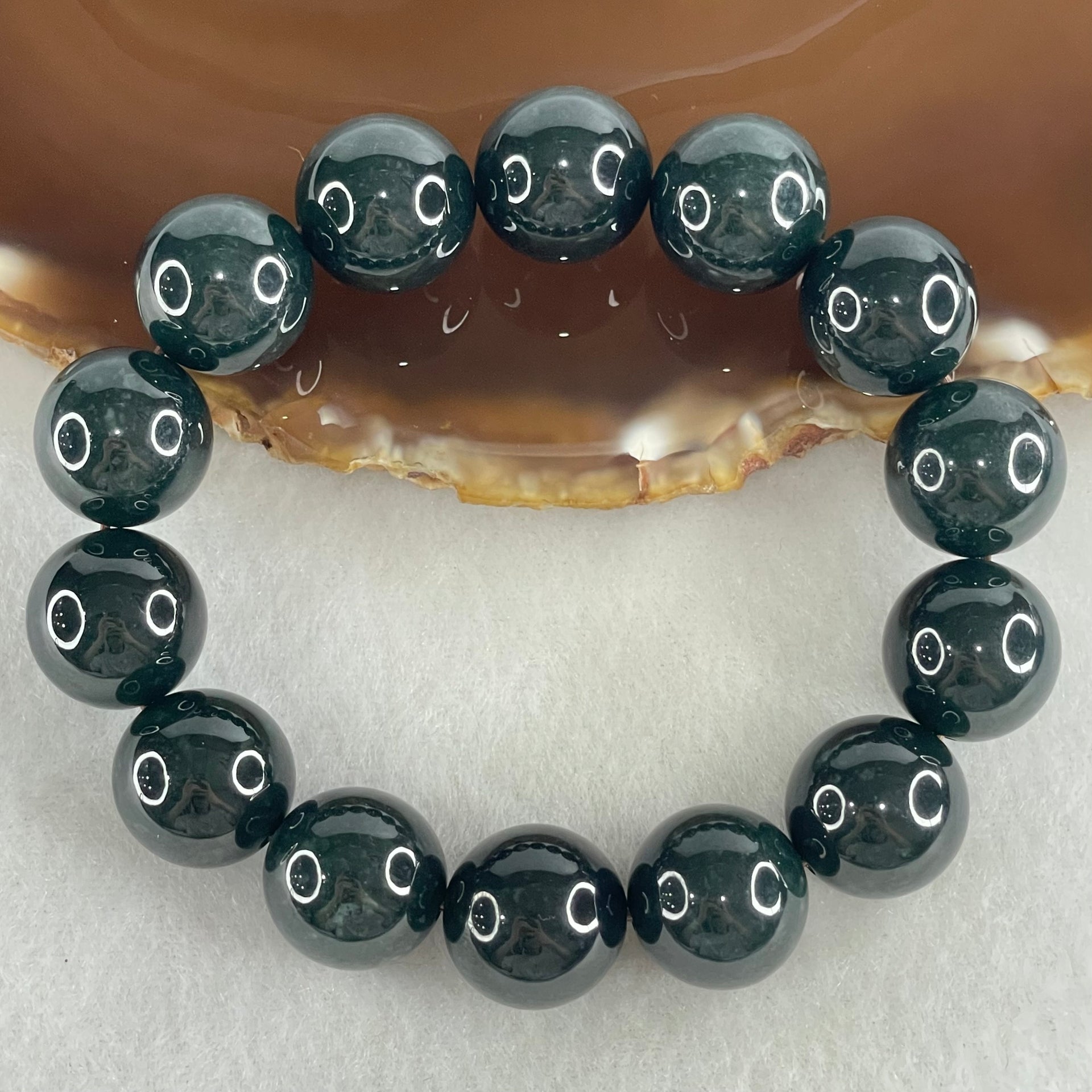 Rare High End Type A Highly Translucent Black Omphacite Jadeite Beads Bracelet 80.55g 16cm 15.0mm 14 Beads - Huangs Jadeite and Jewelry Pte Ltd