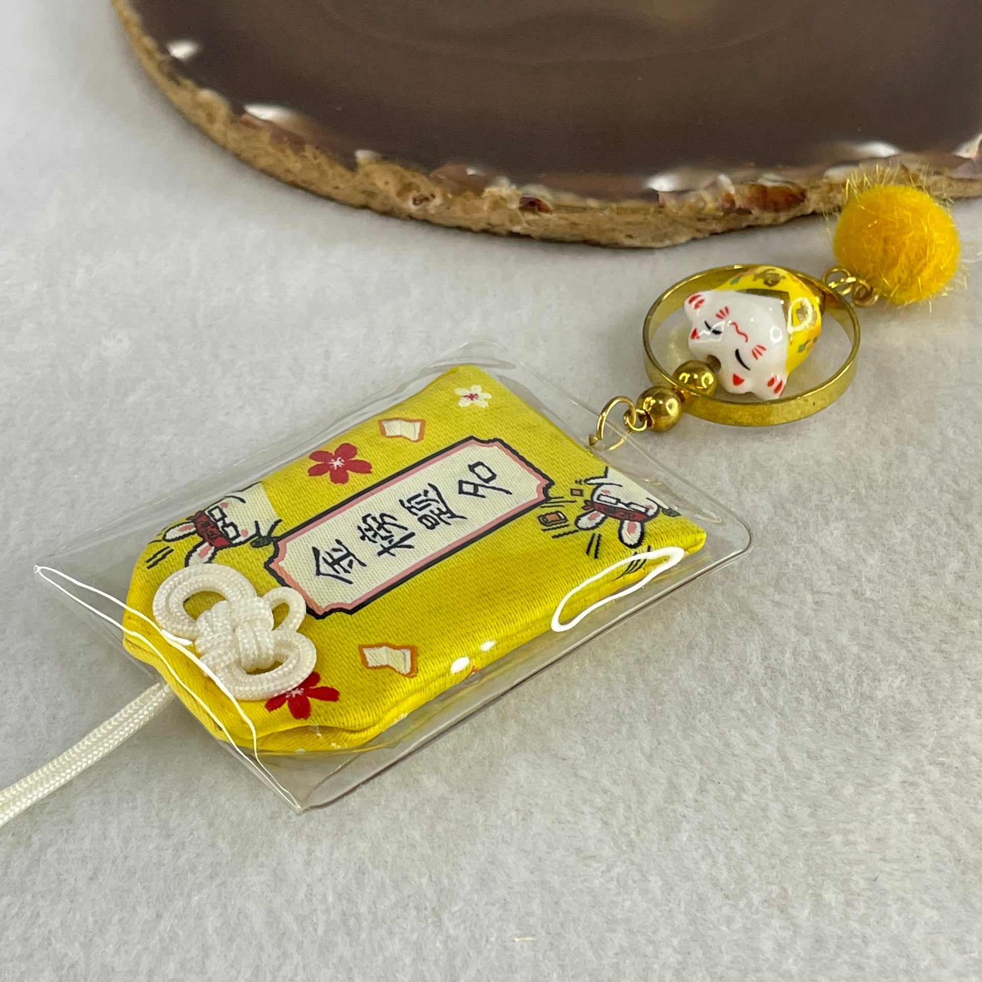 Porcelain Yellow Fortune Cat Yushou Charm 14.09g 14.8 by 17.5 by 14.4mm - Huangs Jadeite and Jewelry Pte Ltd