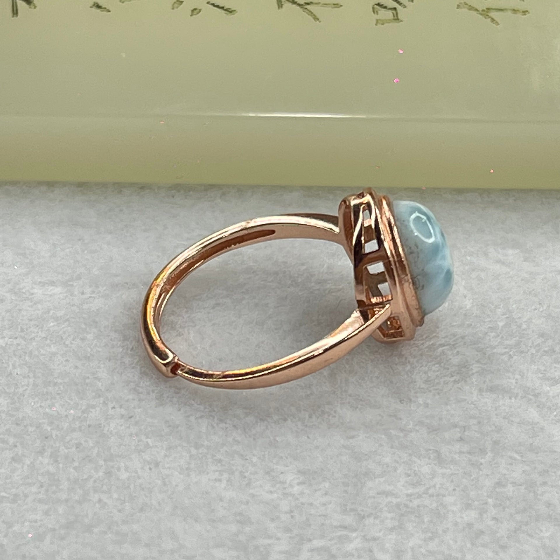 Natural Larimar in S925 Silver Rose Gold Color Ring (Adjustable Size) 2.55g 9.9 by 8.0 by 5.0mm - Huangs Jadeite and Jewelry Pte Ltd