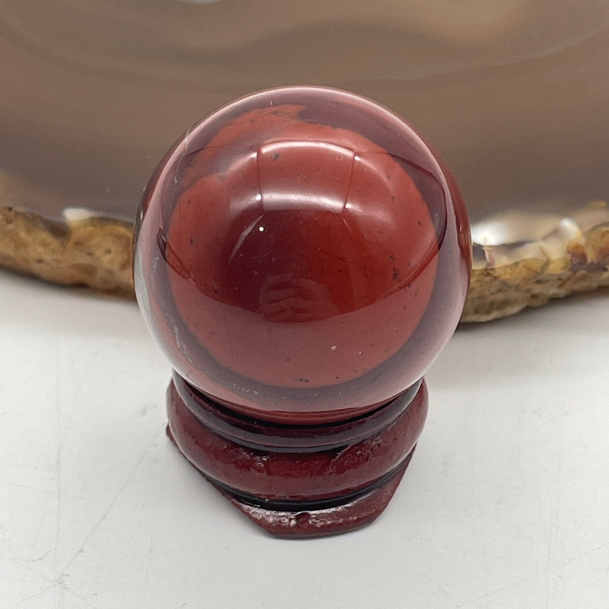 Natural Red Jasper Mini Sphere Ball with Wooden Stand Display | (42.41g | 30.6mm | 37.5mm | Anchor, Supreme Nurturer & Endurance Catalyst, 360° Energy Harmonizer & Feng Shui Stability Catalyst)