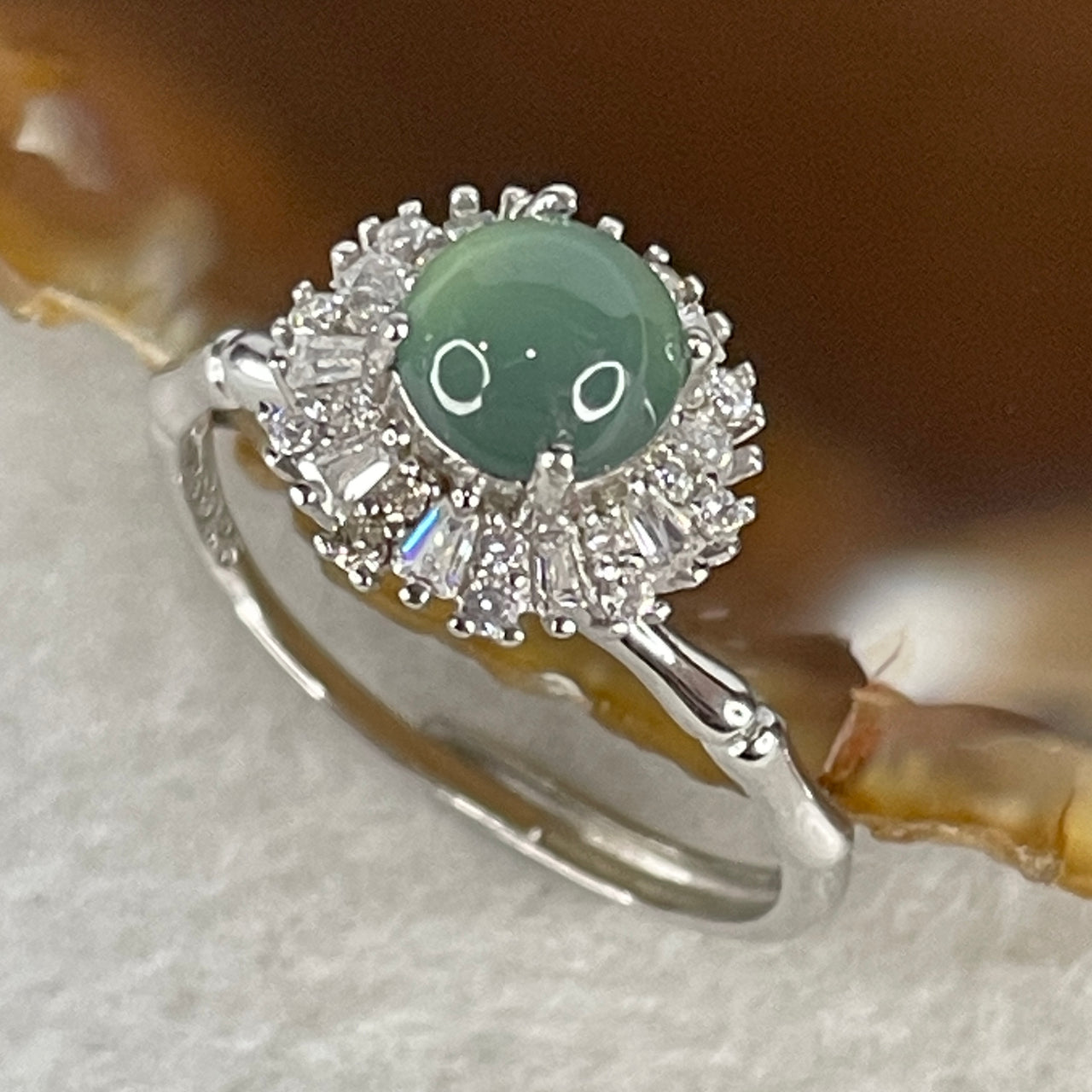 Type A Icy Light Blueish-Green Jadeite High-Dome Ring | Architectural Solid S925 Sterling Silver Bamboo Band | Adjustable Sizing | Imperial "Growth & Longevity" Statement Ring (2.47g 6.5x4.0mm)