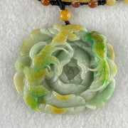 Grandmaster Type A Blueish Green with Green and Yellow Patches Jadeite Three Birds with Flowers Pendant with Beads Necklace 花开富贵 67.26g 60.mm 49.1 by 56.5 by 12.0mm - Huangs Jadeite and Jewelry Pte Ltd