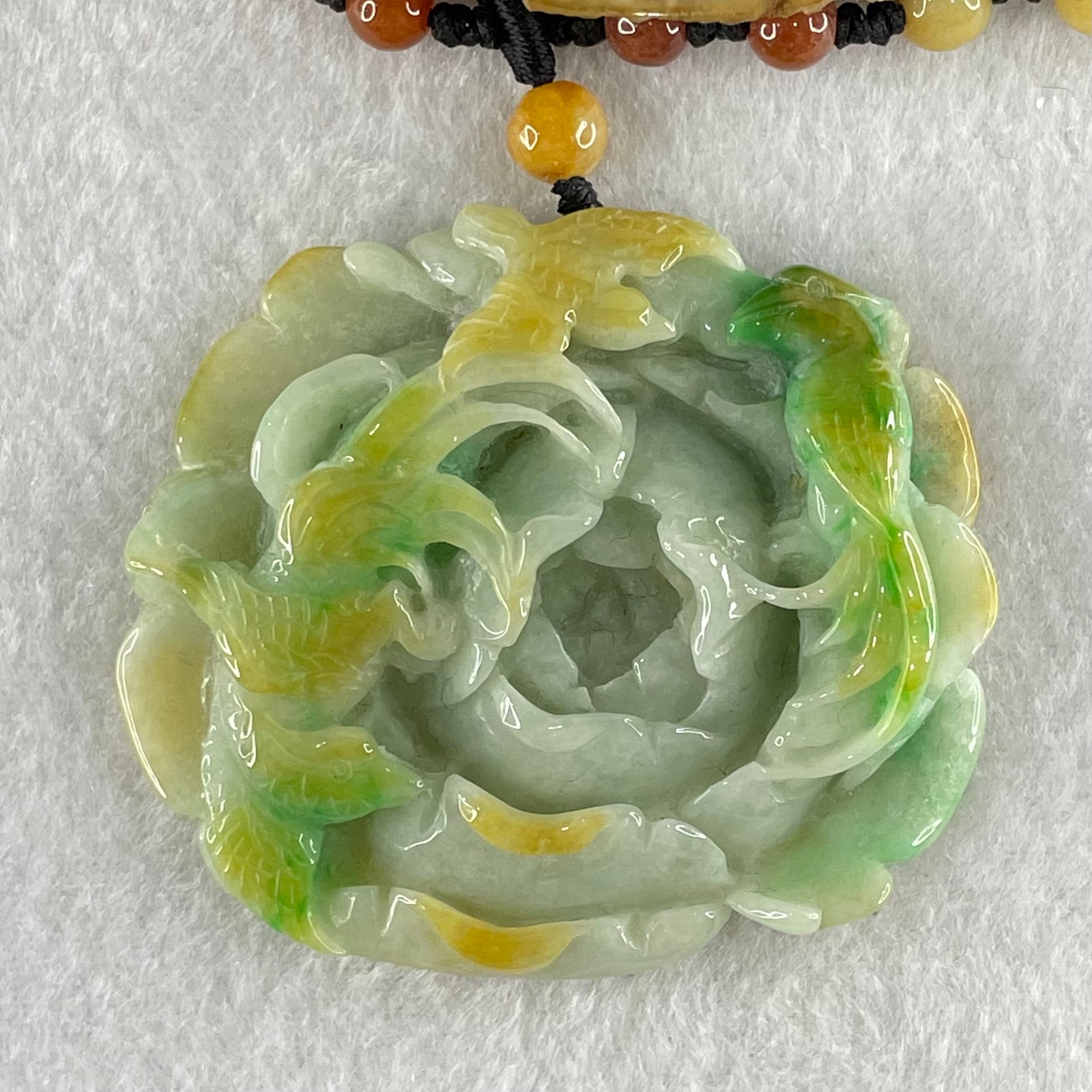 Grandmaster Type A Blueish Green with Green and Yellow Patches Jadeite Three Birds with Flowers Pendant with Beads Necklace 花开富贵 67.26g 60.mm 49.1 by 56.5 by 12.0mm - Huangs Jadeite and Jewelry Pte Ltd