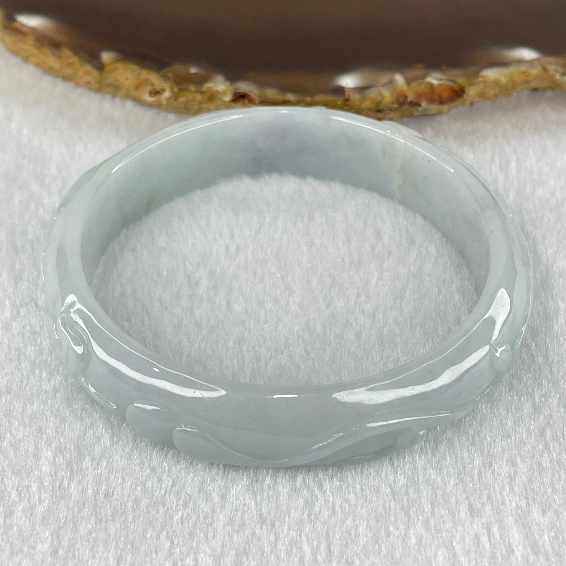 Type A Faint Blueish Green with Faint Lavender Patches Jadeite Flower and Leaf Bangle 43.09g Internal Diameter 58.12mm 13.4 by 7.4mm (External Lines) - Huangs Jadeite and Jewelry Pte Ltd