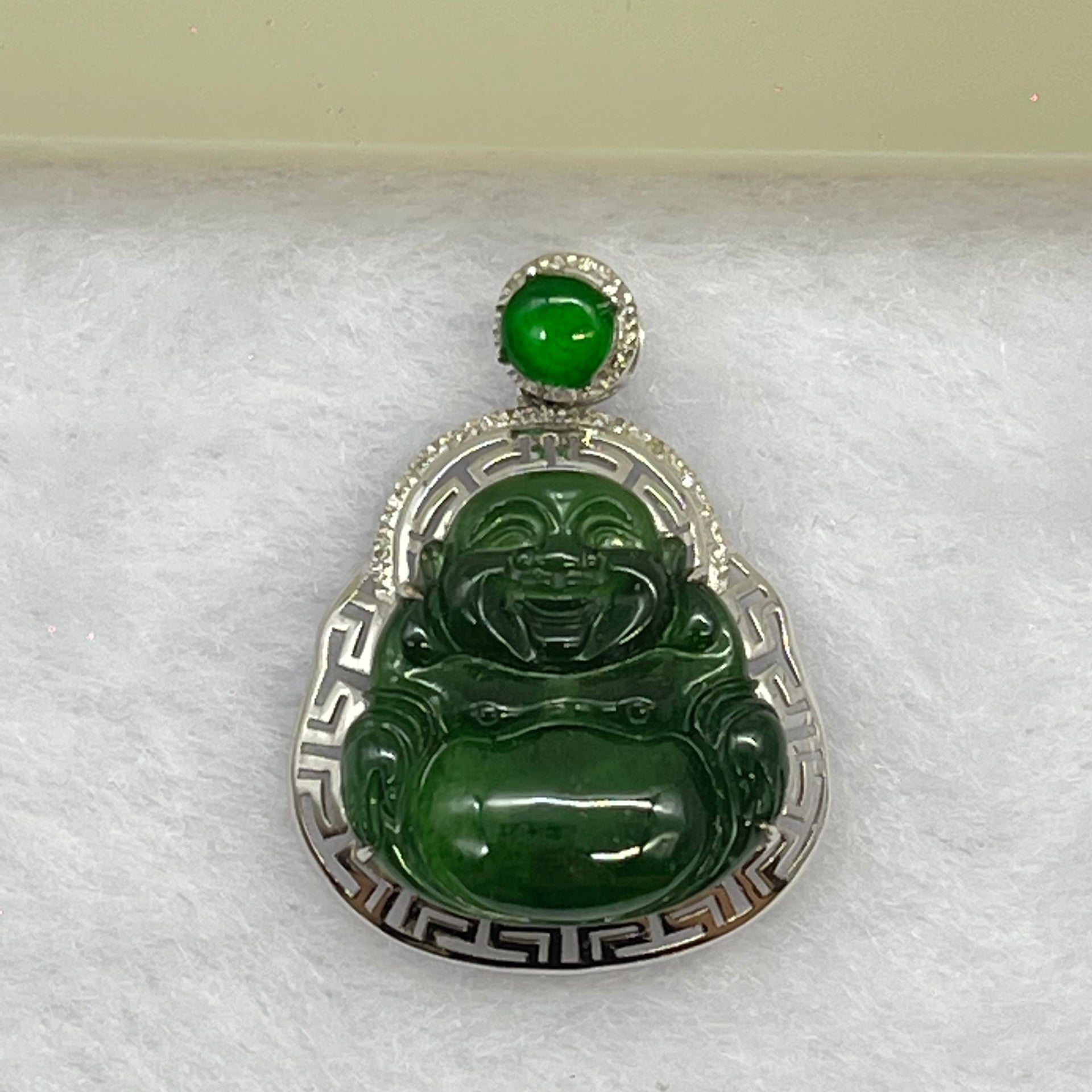 Type A Blueish Green Jadeite Milo Buddha Pendant Setting 18k White Gold 2.45g 25.6 by 19.4 by 7.2mm - Huangs Jadeite and Jewelry Pte Ltd