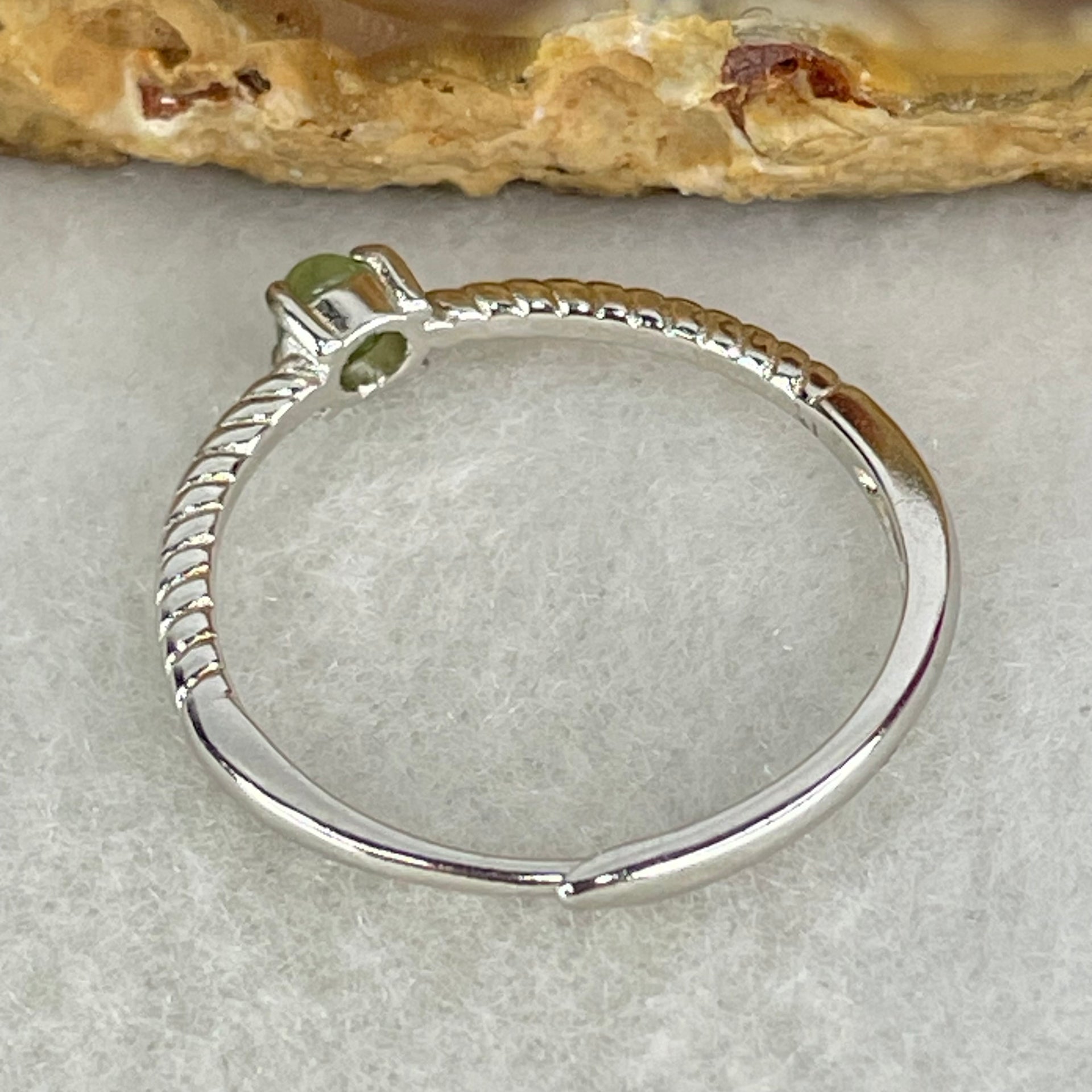 Type A Semi Icy Green Cabochon Jadeite in S925 Sliver Ring (Adjustable Size) 0.98g 3.5 by 1.8mm - Huangs Jadeite and Jewelry Pte Ltd