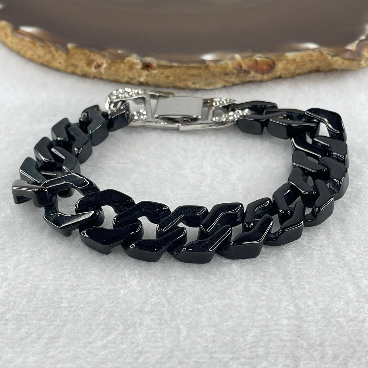 Certified Natural Type A Black Omphacite Jadeite Cuban Tennis Bracelet with Sliver Color and Cubic Zirconia Clap 29.72g Up to 19cm 14.0 by 5.0mm 17 Pcs