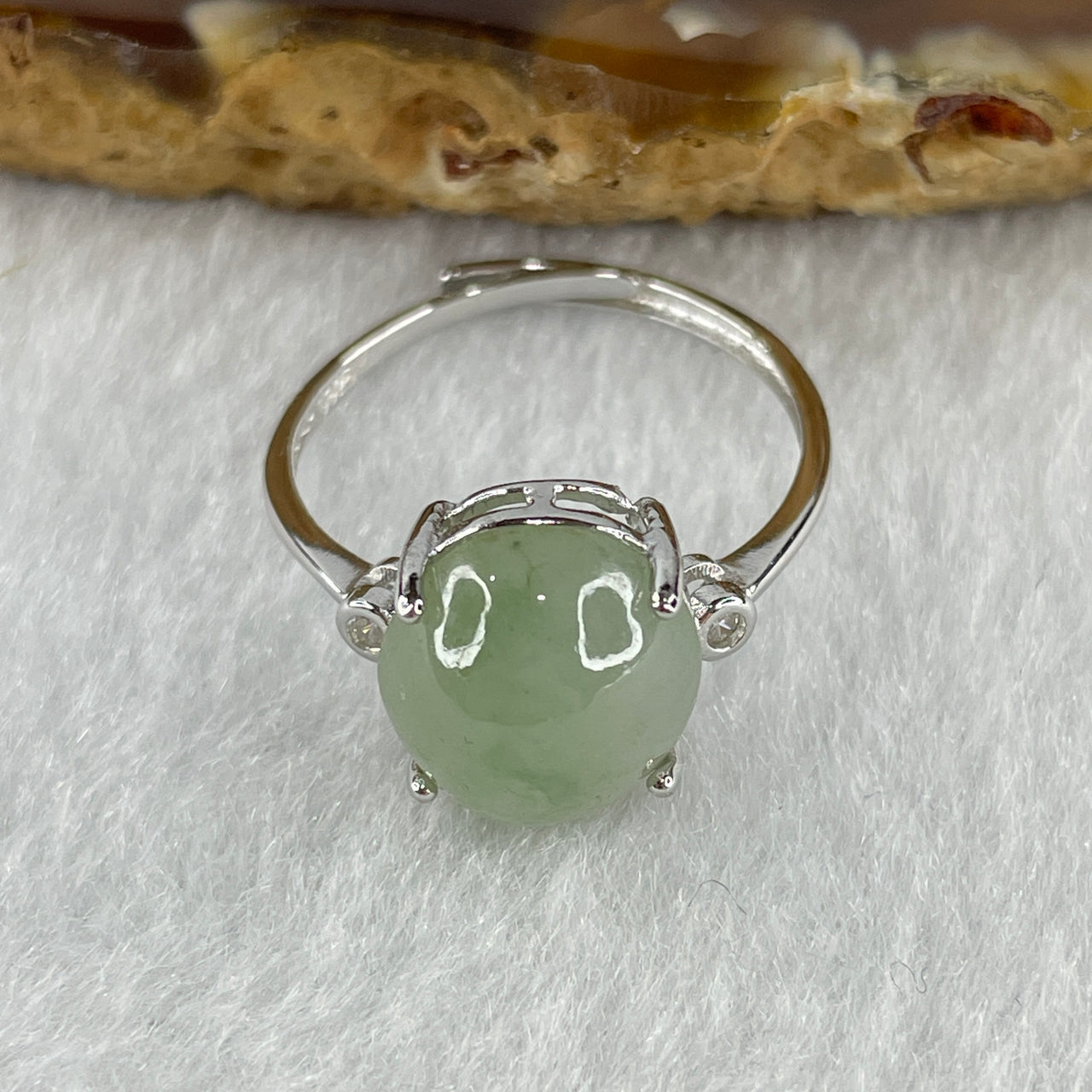 Natural Type A Semi Icy Faint Green Jadeite Oval Shape Cabouchon in S925 Silver Ring (Adjustable Size) 2.04g 11.0 by 9.4 by 5.5mm