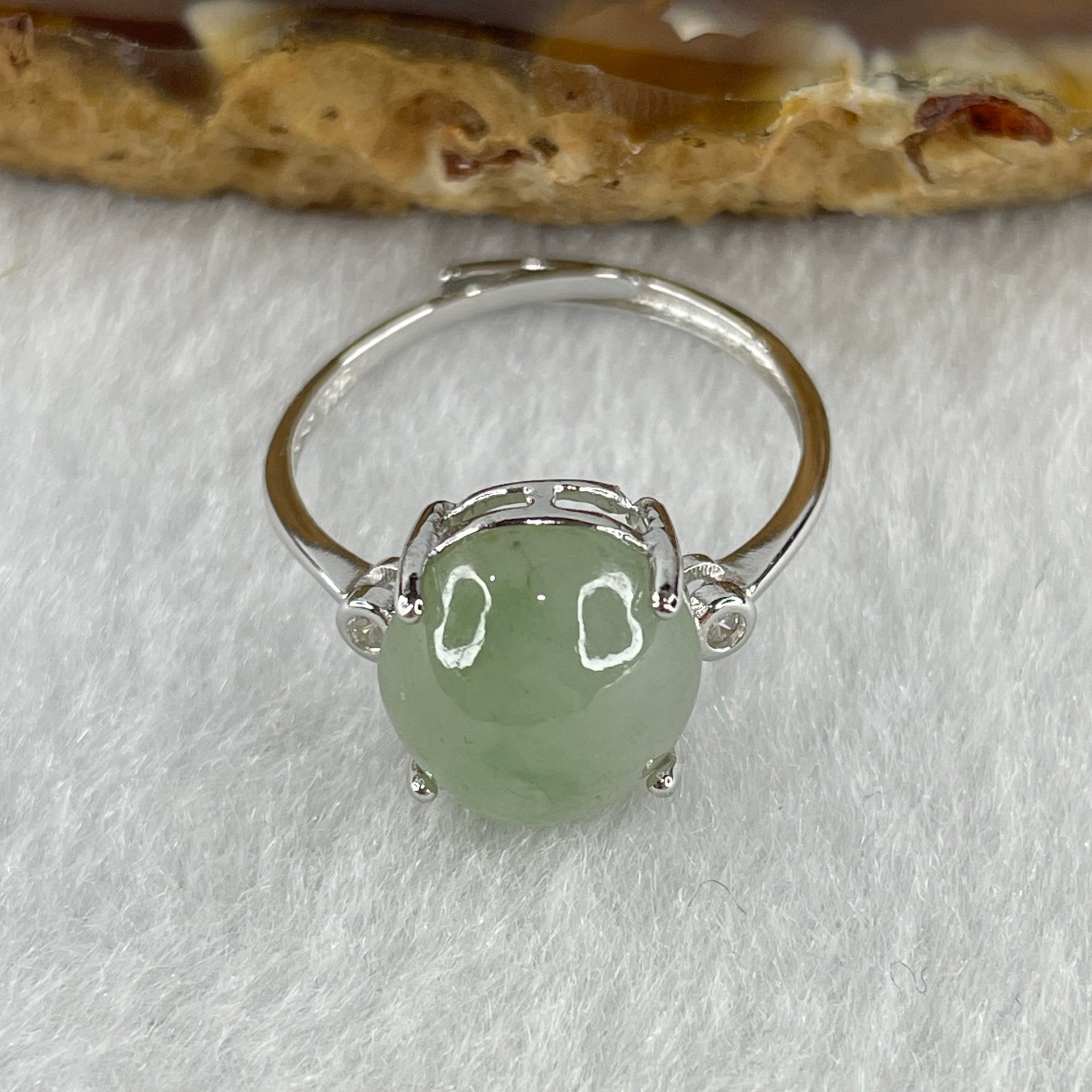 Natural Type A Semi Icy Faint Green Jadeite Oval Shape Cabouchon in S925 Silver Ring (Adjustable Size) 2.04g 11.0 by 9.4 by 5.5mm - Huangs Jadeite and Jewelry Pte Ltd